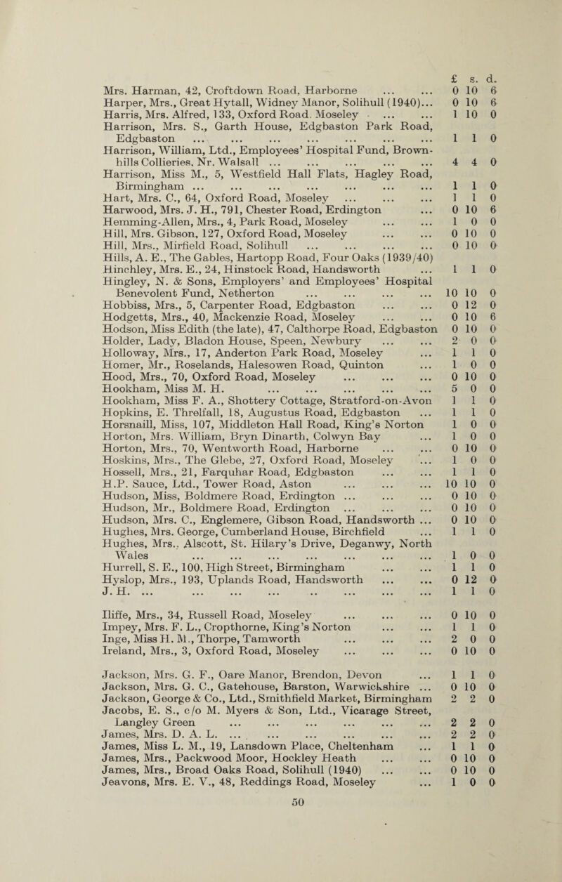 Mrs. Harman, 42, Croftdown Road, Harborne Harper, Mrs., Great Hytall, Widney Manor, Solihull (1940)... Harris, Mrs. Alfred, 133, Oxford Road. Moseley Harrison, Mrs. S., Garth House, Edgbaston Park Road, Edgbaston ... ... ... ... ... ... ... Harrison, William, Ltd., Employees’ Hospital Fund, Brown- hills Collieries. Nr. Walsall ... Harrison, Miss M., 5, Westfield Hall Flats, Hagley Road, Birmingham ... Hart, Mrs. C., 64, Oxford Road, Moseley Harwood, Mrs. J. H., 791, Chester Road, Erdington Hemming-Allen, Mrs., 4, Park Road, Moseley Hill, Mrs. Gibson, 127, Oxford Road, Moseley Hill, Mrs., Mirfield Road, Solihull Hills, A. E., The Gables, Hartopp Road, Four Oaks (1939/40) Hinchley, Mrs. E., 24, Hinstock Road, Handsworth Hingley, N. & Sons, Employers’ and Employees’ Hospital Benevolent Fund, Netherton Hobbiss, Mrs., 5, Carpenter Road, Edgbaston Hodgetts, Mrs., 40, Mackenzie Road, Moseley Hodson, Miss Edith (the late), 47, Calthorpe Road, Edgbaston Holder, Lady, Bladon House, Speen, Newbury Plolloway, Mrs., 17, Anderton Park Road, Moseley Homer, Mr., Roselands, Halesowen Road, Quinton Hood, Mrs., 70, Oxford Road, Moseley Hookham, Miss M. H. Hookham, Miss F. A., Shottery Cottage, Stratford-on-Avon Hopkins, E. Threlfall, 18, Augustus Road, Edgbaston Horsnaill, Miss, 107, Middleton Hall Road, King’s Norton Horton, Mrs. William, Bryn Dinarth, Colwyn Bay Horton, Mrs., 70, Wentworth Road, Harborne Hoskins, Mrs., The Glebe, 27, Oxford Road, Moseley Hossell, Mrs., 21, Farquhar Road, Edgbaston H.P. Sauce, Ltd., Tower Road, Aston Hudson, Miss, Boldmere Road, Erdington ... Hudson, Mr., Boldmere Road, Erdington Hudson, Mrs. C., Englemere, Gibson Road, Handsworth ... Hughes, Mrs. George, Cumberland House, Birchfield Hughes, Mrs., Alscott, St. Hilary’s Drive, Deganwy, North Wales Hurrell, S. E., 100, High Street, Birmingham Hyslop, Mrs., 193, Uplands Road, Handsworth J. n. ... ... ... ... .. ... £ s. d. 0 10 6 0 10 6 1 10 0 1 1 0 4 4 0 1 1 0 1 1 0 0 10 6 1 0 0 0 10 0 0 10 0 1 1 0 10 10 0 0 12 0 0 10 6 0 10 0 2 0 0 1 1 0 1 0 0 0 10 0 5 0 0 1 1 0 1 1 0 1 0 0 1 0 0 0 10 0 1 0 0 1 1 0 10 10 0 0 10 0 0 10 0 0 10 0 1 1 0 1 0 0 1 1 0 0 12 0 1 1 0 Iliffe, Mrs., 34, Russell Road, Moseley Impey, Mrs. F. L., Cropthorne, King’s Norton Inge, Miss H. M., Thorpe, Tam worth Ireland, Mrs., 3, Oxford Road, Moseley 0 10 0 1 1 0 2 0 0 0 10 0 Jackson, Mrs. G. F., Oare Manor, Brendon, Devon Jackson, Mrs. G. C., Gatehouse, Barston, Warwickshire ... Jackson, George & Co., Ltd., Smithfield Market, Birmingham Jacobs, E. S., c/o M. Myers & Son, Ltd., Vicarage Street, Langley Green James, Mrs. D. A. L. .... James, Miss L. M., 19, Lansdown Place, Cheltenham James, Mrs., Packwood Moor, Hockley Heath James, Mrs., Broad Oaks Road, Solihull (1940) Jeavons, Mrs. E. V., 48, Reddings Road, Moseley 1 1 0 0 10 0 2 2 0 2 2 0 2 2 0 1 1 0 0 10 0 0 10 0 1 0 0