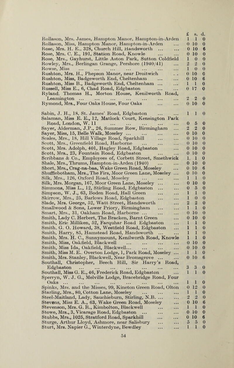 Rollason, Mrs. James, Hampton Manor, Hampton-in-Arden Rollason, Miss, Hampton Manor, Hampton-in-Arden Rose, Mrs. H. E., 328, Church Hill, Handsworth Rose, Mrs. C. E., 191, Station Road, Knowle Rose, Mrs., Gayhurst, Little Aston Park, Sutton Coldfield Rowley, Mrs., Berlingan Grange, Pershore (1940/41) Rowse, Miss Rushton, Mrs. H., Phepson Manor, near Droitwich Rushton, Miss, Badgeworth End, Cheltenham Rushton, Miss B., Badgeworth End, Cheltenham ... Russell, Miss E., 6, Chad Road, Edgbaston Ryland. Thomas H., Morton House, Kenilworth Road, Leamington ... ... ... ... ... ... ... Rymond, Mrs., Four Oaks House, Four Oaks £ s. d. 1 1 0 0 10 0 0 10 6 0 10 0 1 0 0 2 2 0 1 0 0 0 10 0 0 10 6 1 l 0 0 17 0 2 2 0 0 10 0 Sabin, J. H., 18, St. James’ Road, Edgbaston Salaman, Miss E. E., 12, Matlock Court, Kensington Park Road, London, W. 11 Sayer, Alderman, J.P., 26, Summer Row, Birmingham Sayer. Miss, 15, Belle Walk, Moseley ... Scales, Mrs., 18, Hill Village Road, Sparkhill Scott, Mrs., Greenfield Road, Harborne Scott, Mrs. Adolph, 401, Hagley Road, Edgbaston Scott, Mrs., 23, Fountain Road, Edgbaston Scribbans & Co., Employees of, Corbett Street, Smethwick Shale, Mrs., Thrums, Hampton-in-Arden (1940) Short, Mrs., Crag-na-baa, Wake Green Road, Moseley Shufflebotham, Mrs., The Firs, Moor Green Lane, Moseley ... Silk, Mrs., 126, Oxford Road, Moseley Silk, Mrs. Morgan, 167, Moor Green Lane, Moseley ... Simmons, Miss L., 12, Stirling Road, Edgbaston ... Simpson, W. J., 63, Boden Road, Hall Green Skirrow, Mrs., 25, Barlows Road, Edgbaston Slade, Mrs. George, 52, Watt Street, Handsworth Smallwood & Sons, Lower Priory, Birmingham Smart, Mrs., 31, Oakham Road, Harborne ... Smith, Lady C. Herbert, The Bracken, Barnt Green Smith, Eric Milliken, 52, Farquhar Road Edgbaston Smith, G. O. Howard, 38, Westfield Road, Edgbaston Smith, Harry, 85, Hamstead Road, Handsworth ... Smith, Mrs. H. C., Sunnymount, Kenilworth Road, Knowle Smith, Miss, Oakfield, Blackwell Smith, Miss Ida, Oakfield, Blackwell... Smith, Miss M. E.. Overton Lodge, 1, Park Road, Moseley ... Smith, Mrs. Stanley, Blackwell, Near Bromsgrove ... Southall, Christopher, Beech Hill, Sir Harry’s Road, Edgbaston ... ... ... ... ... ... ... Southall, Miss G. E., 46, Frederick Road, Edgbaston Sperryn, W. J. G., Melville Lodge, Bracebridge Road, Four Oaks ... ... ... ... ... ... ... ... Spinks, Mrs. and the Misses, 99, Kineton Green Road, Olton Starling, Mrs., 80, Cotton Lane, Moseley Steel-Maitland, Lady, Sauchieburn, Stirling, N.B. ... Stevens, Miss E. A., 63, Wake Green Road, Moseley Stevenson, Mrs. G. R., Kimbolton, Blackwell Stowe, Mrs., 3, Vicarage Road, Edgbaston Stubbs, Mrs., 1025, Stratford Road, Sparkhill Sturge, Arthur Lloyd, Ashmore, near Salisbury Sturt, Mrs. Napier G., Winterdyne, Bewdley 1 1 0 0 5 0 2 2 0 0 10 0 0 10 0 0 10 0 0 10 0 0 10 0 1 1 0 0 10 0 0 10 6 0 10 0 1 1 0 0 10 0 0 5 0 1 1 0 1 0 0 2 2 0 1 1 0 0 10 0 0 10 0 1 1 0 1 1 0 1 1 0 1 1 0 0 10 0 0 10 0 1 1 0 0 10 6 3 3 0 1 1 0 1 1 0 0 12 0 1 1 0 2 2 0 0 10 6 1 1 0 0 10 0 0 10 6 5 5 0 1 1 0