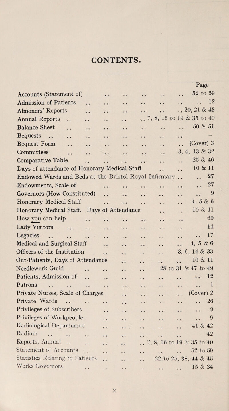 CONTENTS. Page Accounts (Statement of) • • •• •• •• 52 to 59 Admission of Patients • • •• •• •• .. 12 Almoners’ Reports • • • • •• •• 20, 21 & 43 Annual Reports .. 7, 8, 16 to 19 & 35 to 40 Balance Sheet • • •• •• • • 50 & 51 Bequests • • •• •• •• — Bequest Form • • • • •• • • (Cover) 3 Committees . 3, 4, 13 & 32 Comparative Table • • • • •• • • 25 & 46 Days of attendance of Honorary Medical Staff 10 & 11 Endowed Wards and Beds at the Bristol Royal Infirmary .. .. 27 Endowments, Scale of • • •• •• • • .. 27 Governors (How Constituted) • • • • •• •• .. 9 Honorary Medical Staff •• •• •• •• 4, 5 & 6 Honorary Medical Staff. Days of Attendance 10 & 11 How you can help • • •• •• •• 60 Lady Visitors • • •• •• •• 14 Legacies. • • » • •• • • .. 17 Medical and Surgical Staff • • •• •• •• 4, 5 & 6 Officers of the Institution . 3, 6, 14 & 33 Out-Patients, Days of Attendance • • » • » • • • 10 & 11 Needlework Guild 28 to 31 & 47 to 49 Patients, Admission of • • •• •• • • .. 12 Patrons . • • •• •• •• .. 1 Private Nurses, Scale of Charges « • •• • • •• (Cover) 2 Private Wards , . • • •• •• .. 26 Privileges of Subscribers • • • • •• •• . . 9 Privileges of Workpeople # ♦ •• •• •• .. 9 Radiological Department • • • • •• • • 41 & 42 Radium . • • •• •• •• 42 Reports, Annual .. 7. 8, 16 to 19 & 35 to 40 Statement of Accounts 52 to 59 Statistics Relating to Patients 22 to 25, 38, 44 & 45 Works Governors • • •• •• •• 15 & 34