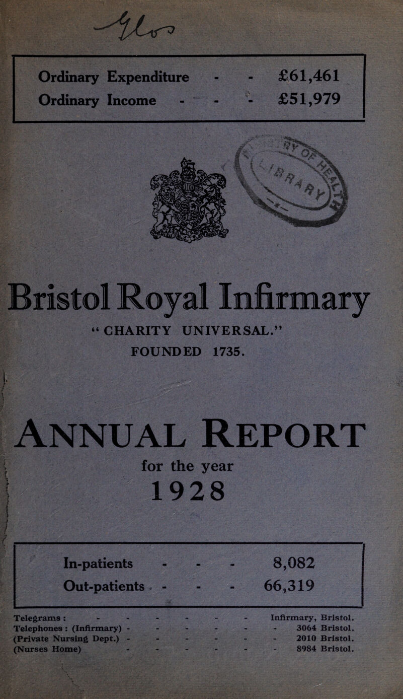 Ordinary Expenditure Ordinary Income £61,461 £51,979 Bristol Royal Infirmary “ CHARITY UNIVERSAL. FOUNDED 1735. Annual Report > V» \ i ♦ t for the year 1928 ' In-patients 8,082 Out-patients 66,319 Telegrams: - Telephones : (Infirmary) - (Private Nursing Dept.) - Infirmary, Bristol. 3064 Bristol. 2010 Bristol. (Nurses Home) 8984 Bristol.