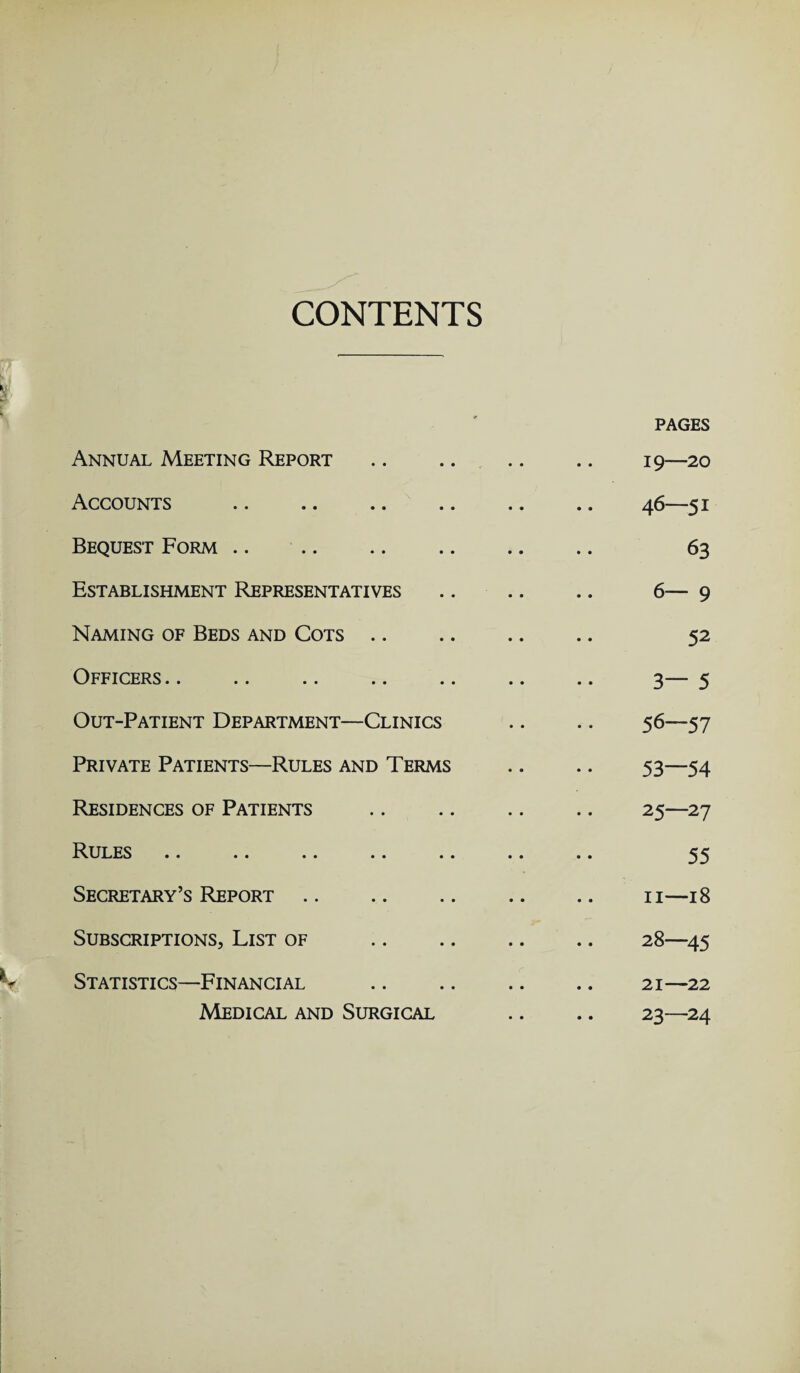 CONTENTS PAGES Annual Meeting Report .. .... .. 19—20 Accounts . 46—51 Bequest Form .. .. .. .. .. .. 63 Establishment Representatives. 6— 9 Naming of Beds and Cots. 52 Officers .. .. .. .. .. .. .. 3— 5 Out-Patient Department—Clinics .. .. 56—57 Private Patients—Rules and Terms .. .. 53—54 Residences of Patients .. . 25—27 Rules .. .. .. .. .. .. .. ^ Secretary’s Report. 11—18 Subscriptions, List of . 28—45 Statistics—Financial .. .. .. .. 21—22 Medical and Surgical .. .. 23—24