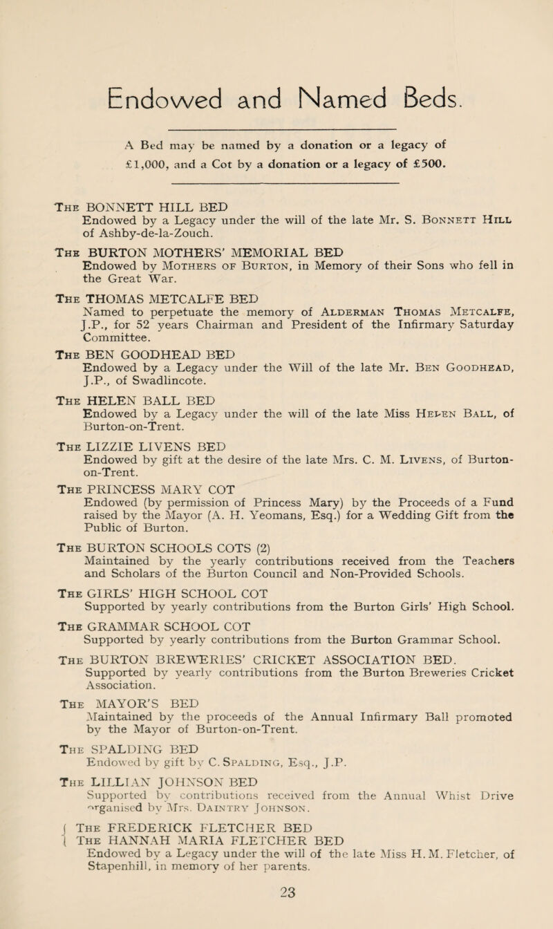 Endowed and Named Beds. A Bed may be named by a donation or a legacy of £1,000, and a Cot by a donation or a legacy of £500. The BONNETT HILL BED Endowed by a Legacy under the will of the late Mr. S. Bonnett Hill of Ashby-de-la-Zouch. The BURTON MOTHERS’ MEMORIAL BED Endowed by Mothers of Burton, in Memory of their Sons who fell in the Great War. The THOMAS METCALFE BED Named to perpetuate the memory of Alderman Thomas Metcalfe, J.P., for 52 years Chairman and President of the Infirmary Saturday Committee. The BEN GOODHEAD BED Endowed by a Legacy under the Will of the late Mr. Ben Goodhead, J.P., of Swadlincote. The HELEN BALL BED Endowed by a Legacy under the will of the late Miss Heuen Ball, of Burton-on-Trent. The LIZZIE LIVENS BED Endowed by gift at the desire of the late Mrs. C. M. Livens, of Burton- on-Trent. The PRINCESS MARY COT Endowed (by permission of Princess Mary) by the Proceeds of a Fund raised by the Mayor (A. H. Yeomans, Esq.) for a Wedding Gift from the Public of Burton. The BURTON SCHOOLS COTS (2) Maintained by the yearly contributions received from the Teachers and Scholars of the Burton Council and Non-Provided Schools. The GIRLS’ HIGH SCHOOL COT Supported by yearly contributions from the Burton Girls’ High School. The GRAMMAR SCHOOL COT Supported by yearly contributions from the Burton Grammar School. The BURTON BREWERIES’ CRICKET ASSOCIATION BED. Supported by yearly contributions from the Burton Breweries Cricket Association. The MAYOR’S BED Maintained by the proceeds of the Annual Infirmary Ball promoted by the Mayor of Burton-on-Trent. The SPALDING BED Endowed by gift by C. Spalding, Esq., J.P. The LILLIAN JOHNSON BED Supported by contributions received from the Annual Whist Drive organised by Mrs. Daintry Johnson. ( The FREDERICK FLETCHER BED ( The HANNAH MARIA FLETCHER BED Endowed by a Legacy under the will of the late Miss H. M. Fletcher, of Stapenhill, in memory of her parents.