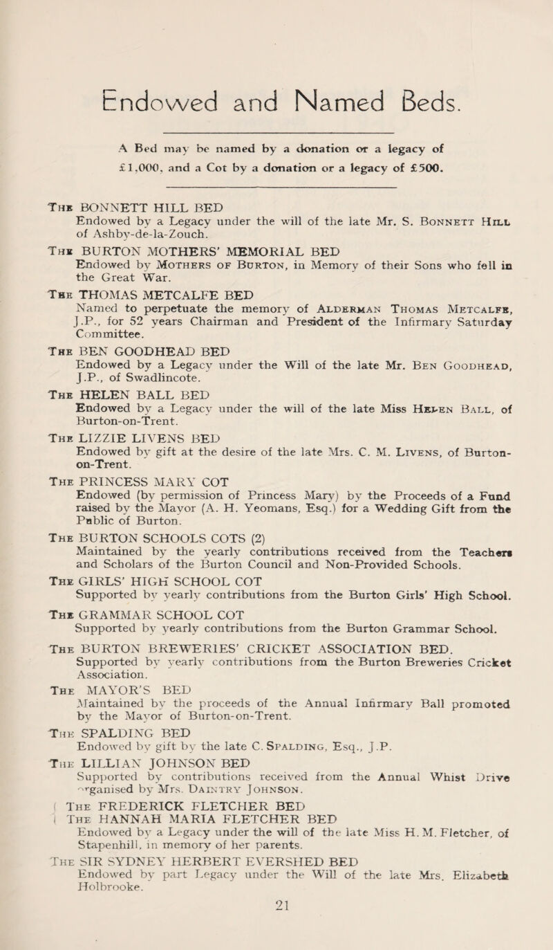Endowed and Named Beds. A Bed may be named by a donation or a legacy of £1,000, and a Cot by a donation or a legacy of £500. The BONNETT HILL BED Endowed by a Legacy under the will of the late Mr. S. Bonnett Hill of Ashby-de-la-Zouch. The BURTON MOTHERS' MEMORIAL BED Endowed by Mothers of Burton, in Memory of their Sons who fell in the Great War. The THOMAS METCALFE BED Named to perpetuate the memory of Alderman Thomas Metcalfe, J.P., for 52 years Chairman and President of the Infirmary Saturday Committee. The BEN GOODHEAD BED Endowed by a Legacy under the Will of the late Mr. Ben Goodhead, J.P., of Swadlincote. The HELEN BALL BED Endowed by a Legacy under the will of the late Miss Helen Ball, of Burton-on-Trent. The LIZZIE LIVENS BED Endowed by gift at the desire of the late Mrs. C. M. Livens, of Burton- on-Trent. The PRINCESS MARY COT Endowed (by permission of Princess Mary) by the Proceeds of a Fund raised by the Mayor (A. H. Yeomans, Esq.) for a Wedding Gift from the Public of Burton. The BURTON SCHOOLS COTS (2) Maintained by the yearly contributions received from the Teacher* and Scholars of the Burton Council and Non-Provided Schools. The GIRLS’ HIGH SCHOOL COT Supported by yearly contributions from the Burton Girls’ High School. The GRAMMAR SCHOOL COT Supported by yearly contributions from the Burton Grammar School. The BURTON BREWERIES’ CRICKET ASSOCIATION BED. Supported by yearly contributions from the Burton Breweries Cricket Association. The MAYOR’S BED Maintained by the proceeds of the Annual Inhrmarv Ball promoted by the Mayor of Burton-on-Trent. The SPALDING BED Endowed by gift by the late C. Spalding, Esq., J.P. The LILLIAN JOHNSON BED Supported by contributions received from the Annual Whist Drive ^ganised by Mrs. Daintry Johnson. ( The FREDERICK FLETCHER BED I The HANNAH MARIA FLETCHER BED Endowed by a Legacy under the will of the late Miss H. M. Fletcher, of Stapenhill, in memory of her parents. The SIR SYDNEY HERBERT EVERSHED BED Endowed by part Legacy under the Will of the late Mis. Elizabeth Holbrooke.