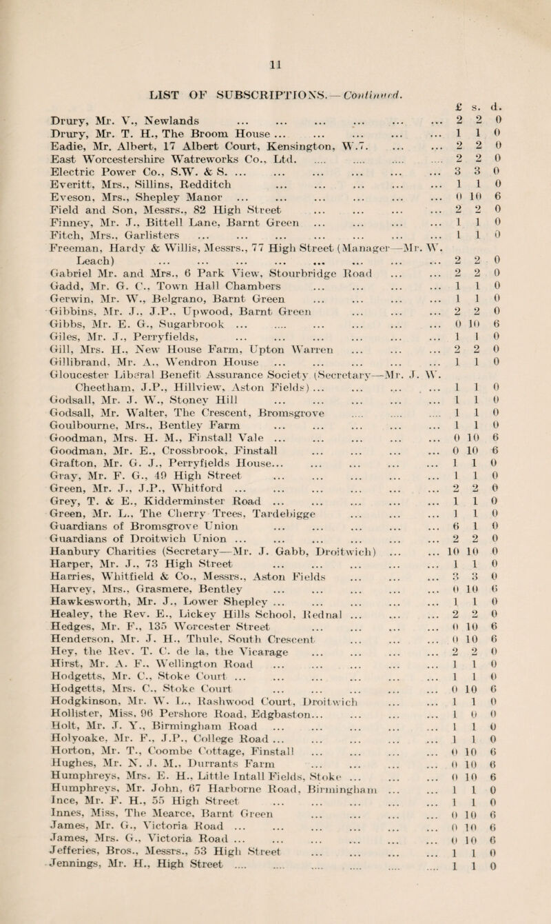 LIST OF SUBSCRIPTIONS.— Continued. Drury, Mr. V., Newlands Drury, Mr. T. H., The Broom House ... Eadie, Mr. Albert, 17 Albert Court, Kensington, W.7. East Worcestershire Wat reworks Co., Ltd. Electric Power Co., S.W. & S. ... Everitt, Mrs., Sillins, Redditch Eveson, Mrs., Shepley Manor Field and Son, Messrs., 82 High Street Finney, Mr. «T., Bittell Lane, Barnt Green Fitch, Mrs., Garlisters Freeman, Hardy & Willis, Messrs., 77 High Street (Manager—Mr. W. Leach) ... ... ... ... ..« ... ... ... Gabriel Mr. and Mrs., 6 Park View, Stourbridge Road Gadd, Mr. G. C., Town Hall Chambers Gerwin, Mr. W., Belgrano, Barnt Green Gibbins, Mr. J., J.P.. Upwood, Barnt Green Gibbs, Mr. E. G., Sugarbrook ... Giles, Mr. J., Perryfields, Gill, Mrs. H., New House Farm, Upton Warren Gillibrand, Mr. A., Wendron House Gloucester Liberal Benefit Assurance Society (Secretary—Mr. J. W. Cheetham, J.P., Hillview, Aston Fields) ... ... ... . ... Godsall, Mr. J. W., Stoney Hill Godsall, Mr. Walter, The Crescent, Bromsgrove Goulbourne, Mrs., Bentley Farm Goodman, Mrs. H. M., Finstall Vale ... Goodman, Mr. E., Crossbrook, Finstall Grafton, Mr. G. J., Perryfields House... Gray, Mr. F. G., 49 High Street- Green, Mr. J., J.P., Whitford ... Grey, T. & E., Kidderminster Road ... Green, Mr. L.. The Cherry Trees, Tardebigge Guardians of Bromsgrove Union Guardians of Droitwich Union ... Hanbury Charities (Secretary—Mr. J. Gabb, Droitwich) Harper, Mr. J., 73 High Street Harries, Whitfield & Co., Messrs., Aston Fields Harvey, Mrs., Grasmere, Bentley Hawkesworth, Mr. J., Lower Shepley ... Healey, the Rev. E., Lickey Hills School, Rednal ... Hedges, Mr. F., 135 Worcester Street Henderson, Mr. J. H., Thule, South Crescent Hey, the Rev. T. C. de la, the Vicarage Hirst, Mr. A. F.. Wellington Road Hodgetts, Mr. C., Stoke Court ... Hodgetts, Mrs. C., Stoke Court Hodgkinson, Mr. W. L., Rashwood Court, Droitwich Hollister, Miss, 96 Pershore Road, Edgbaston... Holt, Mr. J. Y., Birmingham Road Holyoake, Mr. F., J.P., College Road ... Horton, Mr. T., Coombe Cottage, Finstall Hughes, Mr. N. .1. M., Durrants Farm Humphreys, Mrs. E. H., Little Intall Fields, Stoke. Humphreys, Mr. John, 67 Harborne Road, Birmingham. Ince, Mr. F. H., 55 High Street Innes, Miss, The Mearce, Barnt Green James, Mr. G., Victoria Road ... James, Mrs. G., Victoria Road ... Jefferies, Bros., Messrs., 53 High Street Jennings, Mr. H., High Street . £ s. 2 2 1 1 2 2 2 2 3 3 1 1 0 10 2 2 1 1 1 1 2 2 2 2 1 1 1 1 2 2 0 10 1 1 2 2 1 1 1 1 1 1 1 1 1 1 0 10 0 10 1 1 1 1 2 2 1 1 1 1 6 1 2 2 10 10 1 1 3 3 0 10 1 1 2 2 6 10 0 10 2 2 1 1 1 1 0 10 1 1 1 0 1 1 1 l 0 10 0 10 0 10 1 1 1 1 0 10 0 10 0 10 1 1 1 1 d. 0 0 0 0 0 0 6 0 0 0 0 0 0 0 0 6 0 0 0 0 0 0 0 6 6 0 0 0 0 0 0 0 0 0 0 6 0 0 6 6 0 0 0 6 0 0 0 0 6 6 6 0 0 6 6 6 0 0