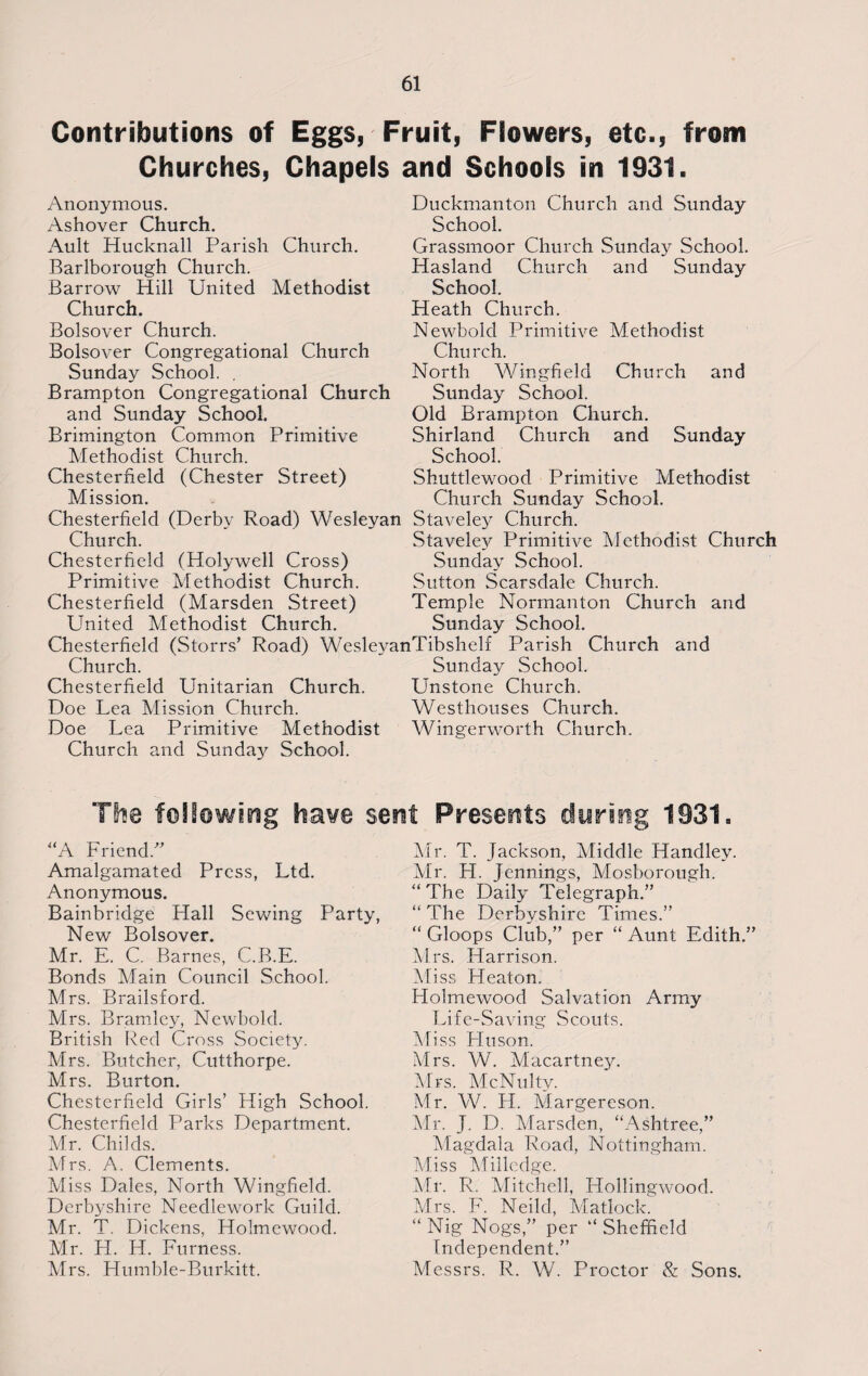 Contributions of Eggs, Fruit, Flowers, etc., from Churches, Chapels and Schools in 1931. Anonymous. Ashover Church. Ault Hucknall Parish Church. Barlborough Church. Barrow Hill United Methodist Church. Bolsover Church. Bolsover Congregational Church Sunday School. . Brampton Congregational Church and Sunday School. Brimington Common Primitive Methodist Church. Chesterfield (Chester Street) Mission. Duckmanton Church and Sunday School. Grassmoor Church Sunday School. Hasland Church and Sunday School. Heath Church. Newbold Primitive Methodist Church. North Wingfield Church and Sunday School. Old Brampton Church. Shirland Church and Sunday School. Shuttlewood Primitive Methodist Church Sunday School. Chesterfield (Derby Road) Wesleyan Staveley Church. Church. Chesterfield (Holywell Cross) Primitive Methodist Church. Chesterfield (Marsden Street) United Methodist Church. Staveley Primitive Methodist Church Sunday School. Sutton Scarsdale Church. Temple Normanton Church and Sunday School. Chesterfield (Storrs’ Road) WesleyanTibshelf Parish Church and Church. Chesterfield Unitarian Church. Doe Lea Mission Church. Doe Lea Primitive Methodist Church and Sunday School. Sunday School. Unstone Church. Westhouses Church. Wingerworth Church. The following have sent Presents during 1931. “A Friend. Amalgamated Press, Ltd. Anonymous. Bainbridge Hall Sewing Party, New Bolsover. Mr. E. C. Barnes, C.B.E. Bonds Main Council School. Mrs. Brailsford. Mrs. Bramley, Newbold. British Red Cross Society. Mrs. Butcher, Cutthorpe. Mrs. Burton. Chesterfield Girls’ High School. Chesterfield Parks Department. Mr. Childs. Mrs. A, Clements. Miss Dales, North Wingfield. Derbyshire Needlework Guild. Mr. T. Dickens, Holmewood. Mr. H. H. Furness. Mrs. Humble-Burkitt. Mr. T. Jackson, Middle Handley. Mr. H. Jennings, Mosborough. ‘‘The Daily Telegraph.” “ The Derbyshire Times.” “ Gloops Club,” per “ Aunt Edith.” Mrs. Harrison. M iss Heaton. Holmewood Salvation Army Life-Saving Scouts. Miss Huson. Mrs. W. Macartney. Mrs. McNulty. Mr. W. H. Margereson. Mr. J. D. Marsden, “Ashtree,” Magdala Road, Nottingham. Miss Milledge. Mr. R. Mitchell, Plollingwood. Mrs. F. Neild, Matlock. “ Nig Nogs,” per “ Sheffield Independent.” Messrs. R. W. Proctor & Sons.