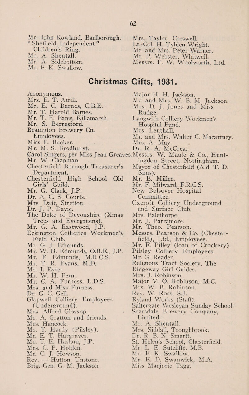 Mr. John Rowland, Barlborough. “ Sheffield Independent” Children’s Ring. Mr. A. Shentall. Mr. A. Sidebottom. Mr. F. K. Swallow. Mrs. Taylor, Creswell. Lt.-Col. H. Tylden-Wright. Mr. and Mrs. Peter Warner. Mr. P. Webster, Whitwell. Messrs. F. W. Woolworth, Ltd. Christmas Gifts, 1931. Anonymous. Mrs. E. T. Atrill. Mr. E. C. Barnes, C.B.E. Mr. T. Harold Barnes. Mr. T. E. Bates, Killamarsh. Mr. S. Berresford. Brampton Brewery Co. Employees. Miss E. Booker. Mr. M. S. Brodhurst. Carol Singefs, per Miss Jean Greaves Mr. W. Chapman. Chesterfield Borough Treasurer’s Department. Chesterfield High School Old Girls’ Guild. Mr. G. Clark, J.P. Dr. A. C. S. Courts. Mrs. Daft, Stretton. Dr. J. P. Davie. The Duke of Devonshire (Xmas Trees and Evergreens). Mr. G. A. Eastwood, J.P. Eckington Collieries Workmen’s Field Club. Mr. G. T. Edmunds. Mr. W. H. Edmunds, O.B.E., J.P. Mr. F. Edmunds, M.R.C.S. Mr. T. R. Evans, M.D. Mr. J. Eyre. Mr. W. H. Fern. Mr. C. A. Furness, L.D.S. Mrs. and Miss Furness. Dr. G. C. Gell. Glapwell Colliery Employees (Underground). Mrs. Alfred Glossop. Mr. A. Gratton and friends. Mrs. Hancock. Mr. T. Hardy (Pilsley^). Mr. E. T. Hargraves. Air. T. E. Haslam, J.P. Mrs. G. P. Holden. Mr. C. J. Howson. Rev. — Hutton, Unstone. Brig.-Gen. G. Al. Jackson. Afajor H. H. Jackson. Mr. and Mrs. W. B. M. Jackson. Airs. D. J. Jones and Miss Rudge. Langwith Colliery Workmen’s Hospital Fund. Mrs. Lenthall. Air. and Mrs. Walter C. Alacartney. Mrs. A. May. Dr. R. A. McCrea. .Messrs. W. Maule & Co., Hunt¬ ingdon Street, Nottingham. Mayor of Chesterfield (Aid. T. D. Sims). Mr. E. Aliller. Air. F. Milward, F.R.C.S. New Bolsover Hospital Committee. Oxcroft Colliery Underground and Surface Club. Mrs. Palethorpe. Air. J. Parramore. Mr. Theo. Pearson. Messrs. Pearson & Co. (Chester¬ field), Ltd., Employees. Air. F. Pilley (loan of Crockery). Pilsley Colliery Employees. Mr. G. Reader. Religious Tract Society, The Ridgeway Girl Guides. Mrs. J. Robinson. Major V. O. Robinson, M.C. Mrs. W. B. Robinson. Rev. W. Ross, S.J. Ryland Works (Staff). Saltergate Wesleyan Sunday School. Scarsdale Brewery Company, Limited. Mr. A. Shentall. Mrs. Siddall, Troughbrook. Dr. R. B. N. Smartt. St. Helen’s School, Chesterfield. Air. L. E. Sutcliffe, M.B. Mr. F. K. Swallow. Air. E. D. Swanwick, Al.A. Miss Marjorie Tagg.