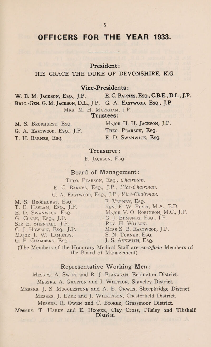 OFFICERS FOR THE YEAR 1933. President: HIS GRACE THE DUKE OF DEVONSHIRE, K.G. Vice-Presidents: W. B. M. Jackson, Esq., J.P. E. C. Barnes, Esq., C.B.E., D.L., J.P. Brig.-Gen. G. M. Jackson, D.L., J.P. G. A. Eastwood, Esq., J.P. Mrs. M. H. Markham, J.P. Trustees: M. S. Brodhurst, Esq. Major H. H. Jackson, T.P. G. A. Eastwood, Esq., J.P. Theo. Pearson, Esq. T. H. Barnes, Esq. E. D. Swanwxck, Esq. Treasurer: F. Jackson, Esq. Board of Management: Theo. Pearson, E. C. Barnes, Esq., G. A. Eastwood, Esq M. S. Brodhurst, Esq. T. E. Haslam, Esq., J.P. E. D. Swanwick, Esq. G. Clark, Esq., J.P. Sir E. Shentall, J.P. C. J. Howson, Esq., J.P. Major I. W. Lamonby. G. F. Chambers, Esq. (The Members of the Honorary the Board Esq., Chairman. J.P., Vice-Chairman. , J.P., Vice-Chairman. F. Verney, Esq. Rev. E. W. Platt, M.A., B.D. Major V. O. Robinson, M.C., J.P. G. J. Edmunds, Esq., J.P. Rev. H. Wilson. Miss S. B. Eastwood, J.P. S. N. Turner, Esq. J. S. Askwith, Esq. Medical Staff are ex-officio Members of of Management). Representative Working Men: Messrs. A. Swift and R. J. Flanagan, Eckington District. Messrs. A. Gratton and I. Whitton, Staveley District. Messrs. J. S. Mugglestone and A. E. Orwin, Sheepbridge District. Messrs. J. Eyre and J. Wilkinson, Chesterfield District. Messrs. R. Owen and C. Booker, Grassmoor District. Messrs. T. Hardy and E. Hooper, Clay Cross, Pilsley and Tibshelf District.