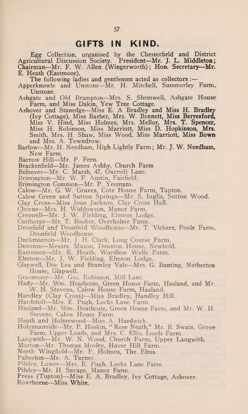 GIFTS IN KIND. Egg Collection, organised by the Chesterfield and District Agricultural Discussion Society. President—Mr. J. L. Middleton; Chairman—Mr. F. W. Allen (Wingerworth); Hon. Secretary—Miv E. Heath (Eastmoor). The following ladies and gentlemen acted as collectors:— Apperknowle and Unstone—Mr. H. Mitchell, Summerley Farm,.. Unstone. Ashgate and Old Brampton—Mrs. S. Shemwell, Ashgate House Farm, and Miss Dakin, Yew Tree Cottage. Ashover and Stanedge—Miss E. A Bradley and Miss H. Bradley (Ivy Cottage), Miss Barber, Mrs. W. Bennett, Miss Berresford, Miss V. Hind, Miss Holmes, Mrs. Mellor, Mrs. T. Spencer, Miss H. Robinson, Miss Marriott, Miss D. Hopkinson, Mrs. Smith, Mrs. H. Shaw, Miss Wood, Miss Marriott, Miss Bown and Mrs. A. Towndrow. Barlow—Mr. H. Needham, High Lightly Farm; Mr. J. W. Needham, New Farm. Barrow Hill—Mr. P. Fern. Brackenfield—Mr. James Ashby, Church Farm Bolsover—Mr. C. Marsh, 47, Oxcroft Lane. Brimington—Mr. W. F. Austin, Fairfield. Brimington Common—Mr. P. Yeomans. Calow—Mr. G. W. Graves, Cote House Farm, Tapton. Calow Green and Sutton Springs—Mr. S. Inglis, Sutton Wood. Clay Cross—Miss Joan Jackson, Clay Cross Hall. Clowne—Mrs. H. Widdowson, Manor Farm. Creswell—Mr. J. W. Fielding, Elmton Lodge. Cutthorpe—Mr. T. Booker, Overholme Farm. Dronfield and Dronfield Woodhouse—Mr. T. Vickers, Poole Farm,.. Dronfield Woodhouse. Duckmanton—Mr. J. H. Clark, Long Course Farm. Dunston—Messrs. Mason, Dunston House, Newbold. Eastmoor—Mr. E. Heath, Wardlow Wells Farm. Elmton—Mr. J. W. Fielding, Elmton Lodge. Glapwell, Doe Lea and Bramley Vale—Mrs. G. Bunting, Netherton Flouse, Glapwell. Grassmoor—Mr. Geo. Robinson, Mill Lane. Hady—Mr. Wm. Heathcote, Green House Farm, Hasland, and Mr.. W. H. Stevens, Calow House Farm, Flasland. Handley (Clay Cross)—Miss Bradley, Handley Hill. Hardstoft—Mrs. E. Pugh, Locks Lane Farm. Hasland—Mr. Wm. Heathcote, Green House Farm, and Mr. W. H. Stevens, Calow House Farm. Heath and Holmewood—Miss A. Hardwick. Holymoorside—Mr. P. Hoskin, “Rose Neath/’ Mr. B. Swain, Grove Farm, Upper Loads, and Mrs. C. Ellis, Loads Farm. Langwith—Mr. W. N. Wood, Church Farm, Upper Langwith. Morton—Mr. Thomas Mosley, Haver Hill Farm. North Wingfield—Mr. P. Holmes, The Elms. Palterton—Mr. A. Turner. Pilsley, Lower—Mrs. E. Pugh, Locks Lane Farm. Pilsley—Mr. H. Savage, Manor Farm. Press (Tupton)—Miss E. A. Bradley, Ivy Cottage, Ashover. Rowthorne—Miss White.