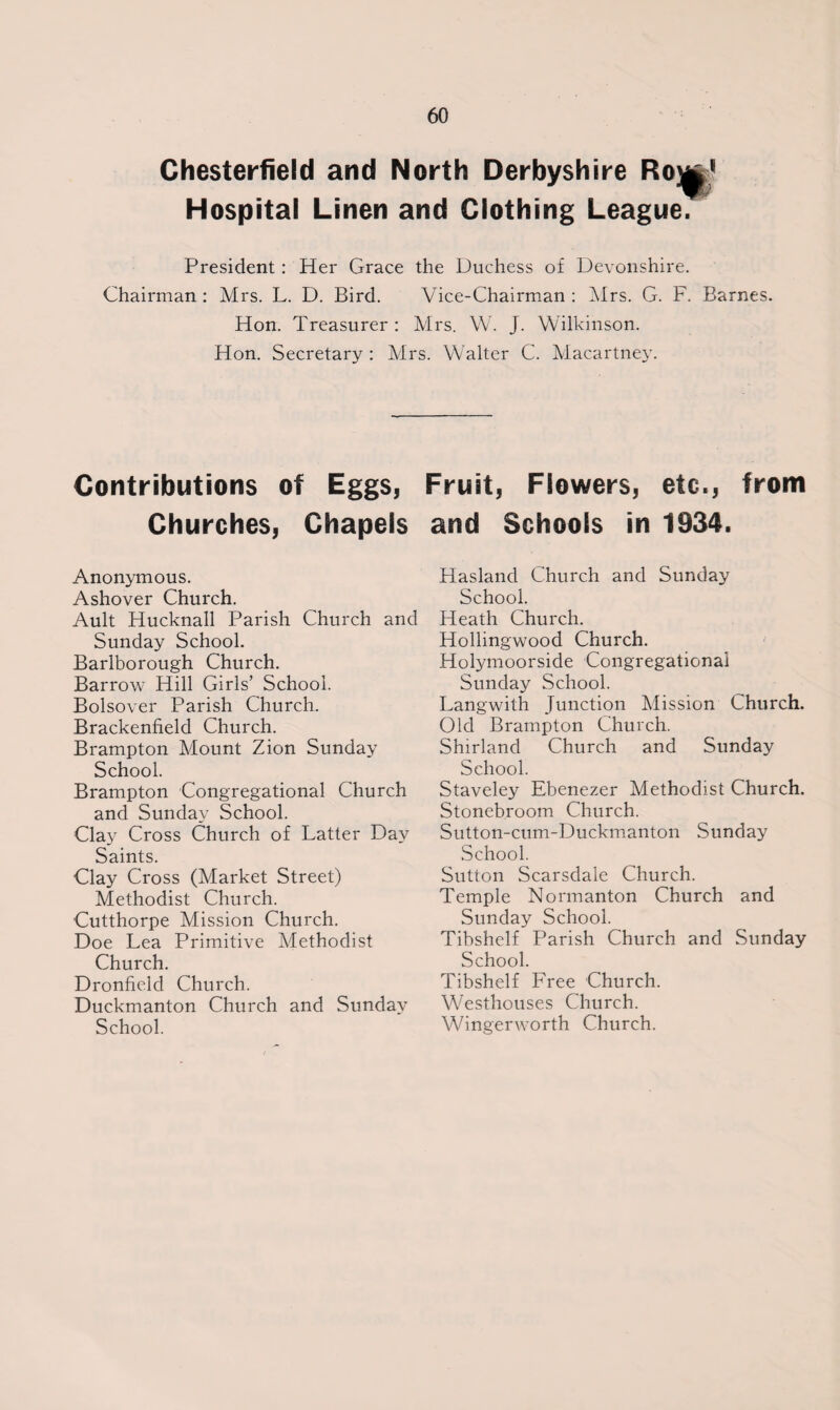 Chesterfield and North Derbyshire Roj^1 Hospital Linen and Clothing League.' President: Her Grace the Duchess of Devonshire. Chairman : Mrs. L. D. Bird. Vice-Chairman : Mrs. G. F. Barnes. Hon. Treasurer: Mrs. W. J. Wilkinson. Hon. Secretary : Mrs. Walter C. Macartney. Contributions of Eggs, Fruit, Flowers, etc., from Churches, Chapels and Schools in 1934. Anonymous. Ashover Church. Ault Hucknall Parish Church and Sunday School. Barlborough Church. Barrow Hill Girls’ School. Bolsover Parish Church. Brackenfield Church. Brampton Mount Zion Sunday School. Brampton Congregational Church and Sunday School. Clay Cross Church of Latter Day Saints. Clay Cross (Market Street) Methodist Church. Cutthorpe Mission Church. Doe Lea Primitive Methodist Church. Dronfield Church. Duckmanton Church and Sunday School. Hasland Church and Sunday School. Heath Church. Hollingwood Church. Holymoorside Congregational Sunday School. Langwith Junction Mission Church. Old Brampton Church. Shirland Church and Sunday School. Staveley Ebenezer Methodist Church. Stonebroom Church. Sutton-cum-Duckmanton Sunday School. Sutton Scarsdale Church. Temple Normanton Church and Sunday School. Tibshelf Parish Church and Sunday School. Tibshelf Free Church. Westhouses Church. Wingerworth Church.