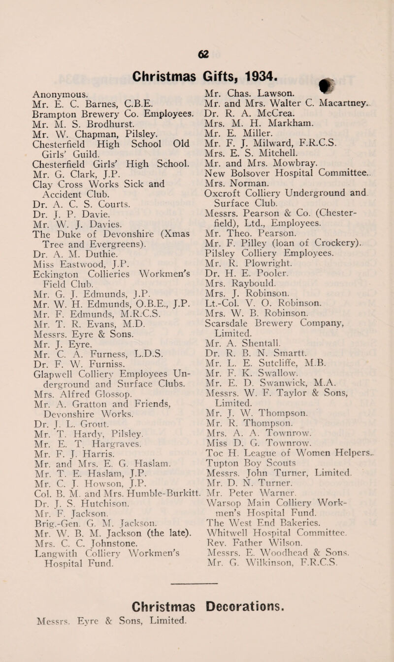 Christmas Gifts, 1934 Anonymous. Mr. E. C. Barnes, C.B.E. Brampton Brewery Co. Employees. Mr. M. S. Brodhurst. Mr. W. Chapman, Pilsley. Chesterfield High School Old Girls' Guild. Chesterfield Girls' High School. Mr. G. Clark, J.P. Clay Cross Works Sick and Accident Club. Dr. A. C. S. Courts. Dr. J. P. Davie. Mr. W. J. Davies. The Duke of Devonshire (Xmas Tree and Evergreens). Dr. A. M. Duthie. Miss Eastwood, J.P. Eckington Collieries Workmen's Field Club. Mr. G. J. Edmunds, |.P. Mr. W. H. Edmunds, O.B.E., J.P. Mr. F. Edmunds, M.R.C.S. Mr. T. R. Evans, M.D. Messrs. Eyre & Sons. Mr. J. Eyre., Mr. C. A. Furness, L.D.S. Dr. F. W. Furniss. Glapwell Colliery Employees Un¬ derground and Surface Clubs. Mrs. Alfred Glossop. Mr. A. Gratton and Friends, Devonshire Works. Dr. J. L. Grout. Mr. T. Hardy, Pilsley, Mr. E. T. Hargraves. Mr. F. J. Harris. Mr. and Mrs. E. G. Haslam. Mr. T. E. Haslam, J.P. Mr. C. J. Howson, J.P. Col. B. M. and Mrs. Humble-Burkitt. Dr. J. S. Hutchison. Mr. F. Jackson. Brig.-Gen. G. M. Jackson. Mr. W. B. M. Jackson (the late). Mrs. C. C. Johnstone. Langwith Colliery Workmen's Hospital Fund. Mr. Chas. Lawson. Mr. and Mrs. Walter C. Macartney. Dr. R. A. McCrea. Mrs. M. H. Markham. Mr. E. Miller. Mr. F. J. Milward, F.R.C.S. Mrs. E. S. Mitchell. Mr. and Mrs. Mowbray. New Bolsover Hospital Committee. Mrs. Norman. Oxcroft Colliery Underground and Surface Club. Messrs. Pearson & Co. (Chester¬ field), Ltd., Employees. Mr. Theo. Pearson. Mr. F. Pilley (loan of Crockery). Pilsley Colliery Employees. Mr. R. Plowright. Dr. H. E. Pooler. Mrs. Raybould. Mrs. J. Robinson. Lt.-Col. V. O. Robinson. Mrs. W. B. Robinson. Scarsdale Brewery Company, Limited. Mr. A. Shentall. Dr. R. B. N. Smartt. Mr. L. E. Sutcliffe, M.B. Mr. F. K. Swallow. Mr. E. D. Swanwick, M.A. Messrs. W. F. Taylor & Sons, Limited. Mr. T. W. Thompson. Mr. R. Thompson. Mrs. A. A. Townrow. Miss D. G. Townrow. Toe H. League of Women Helpers.. Tupton Boy Scouts Messrs. John Turner, Limited. Mr. D. N. Turner. Mr. Peter Warner. Warsop Main Colliery Work¬ men’s Hospital Fund. The West End Bakeries. Whitwell Hospital Committee. Rev. Father Wilson. Messrs. E. Woodhead & Sons. Mr. G. Wilkinson, F.R.C.S. Christmas Decorations. Messrs. Eyre & Sons, Limited.