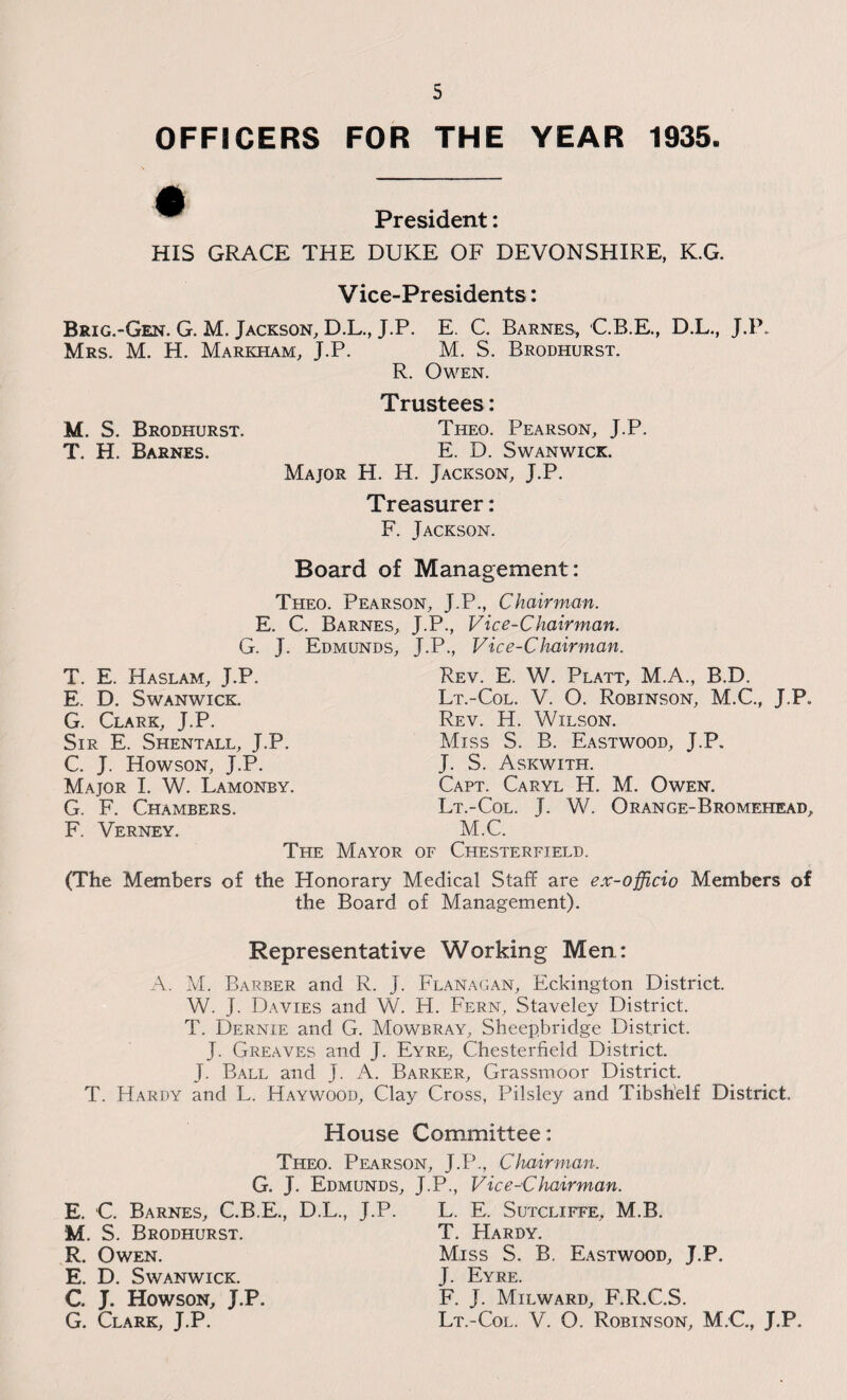 OFFICERS FOR THE YEAR 1935. President: HIS GRACE THE DUKE OF DEVONSHIRE, K.G. Vice-Presidents: Brig.-Gen. G. M. Jackson, D.L., J.P. E. C. Barnes, C.B.E., D.L., ,J.P. Mrs. M. H. Markham, J.P. M. S. Brodhurst. R. Owen. Trustees: M. S. Brodhurst. Theo. Pearson, J.P. T. H. Barnes. E. D. Swanwick. Major H. H. Jackson, J.P. Treasurer: F. Jackson. Board of Management : Theo. Pearson, J.P., Chairman. E. C. Barnes, J.P., Vice-Chairman. G. J. Edmunds, J.P., Vice-Chairman. T. E. Haslam, J.P. E. D. Swanwick. G. Clark, J.P. Sir E. Shentall, J.P. C. J. Howson, J.P. Major I. W. Lamonby. G. F. Chambers. F. Verney. Rev. E. W. Platt, M.A., B.D. Lt.-Col. V. O. Robinson, M.C., J.P. Rev. H. Wilson. Miss S. B. Eastwood, J.P. J. S. Askwith. Capt. Caryl H. M. Owen. Lt.-Col. J. W. Orange-Bromehead, M.C. The Mayor of Chesterfield. (The Members of the Honorary Medical Staff are ex-officio Members of the Board of Management). Representative Working Men: A. M. Barber and R. J. Flanagan, Eckington District. W. J. Davies and W. H. Fern, Staveley District. T. Dernie and G. Mowbray, Sheepbridge District. J. Greaves and J. Eyre, Chesterfield District. J. Ball and J. A. Barker, Grassmoor District. T. Hardy and L. Haywood, Clay Cross, Pilsley and Tibshelf District. House Committee: Theo. Pearson. T.P.. Chairman. G. J. Edmunds, E. C. Barnes, C.B.E., D.L., J.P. M. S. Brodhurst. R. Owen. E. D. Swanwick. C. J. Howson, J.P. G. Clark, J.P. .P., Vice-Chairman. L. E. Sutcliffe, M.B. T. Hardy. Miss S. B. Eastwood, J.P. J. Eyre. F. J. Milward, F.R.C.S. Lt.-Col. V. O. Robinson, M.C., J.P.