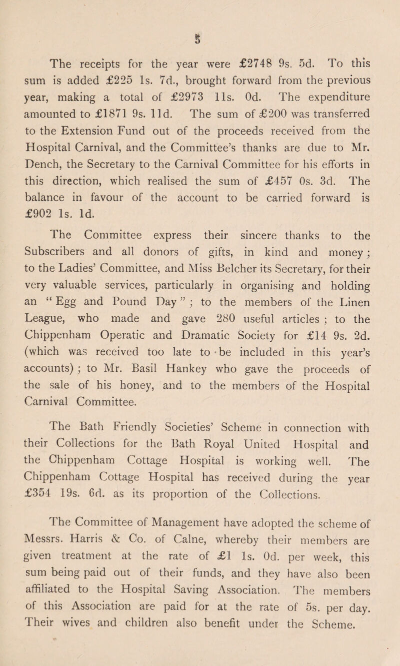 The receipts for the year were £2748 9s. 5d. To this sum is added £225 Is. 7d., brought forward from the previous year, making a total of £2973 11s. Od. The expenditure amounted to £1871 9s. lid. The sum of £200 was transferred to the Extension Fund out of the proceeds received from the Hospital Carnival, and the Committee’s thanks are due to Mr. Dench, the Secretary to the Carnival Committee for his efforts in this direction, which realised the sum of £457 Os. 3d. The balance in favour of the account to be carried forward is £902 Is. Id. The Committee express their sincere thanks to the Subscribers and all donors of gifts, in kind and money; to the Ladies’ Committee, and Miss Belcher its Secretary, for their very valuable services, particularly in organising and holding an “ Egg and Pound Day ” ; to the members of the Linen League, who made and gave 280 useful articles ; to the Chippenham Operatic and Dramatic Society for £14 9s. 2d. (which was received too late to-be included in this year’s accounts) ; to Mr. Basil Hankey who gave the proceeds of the sale of his honey, and to the members of the Hospital Carnival Committee. The Bath Friendly Societies’ Scheme in connection with their Collections for the Bath Royal United Hospital and the Chippenham Cottage Hospital is working well. The Chippenham Cottage Hospital has received during the year £354 19s. 6d. as its proportion of the Collections. The Committee of Management have adopted the scheme of Messrs. Harris & Co. of Caine, whereby their members are given treatment at the rate of £1 Is. Od. per week, this sum being paid out of their funds, and they have also been affiliated to the Hospital Saving Association. The members of this Association are paid for at the rate of 5s. per day. Their wives and children also benefit under the Scheme.