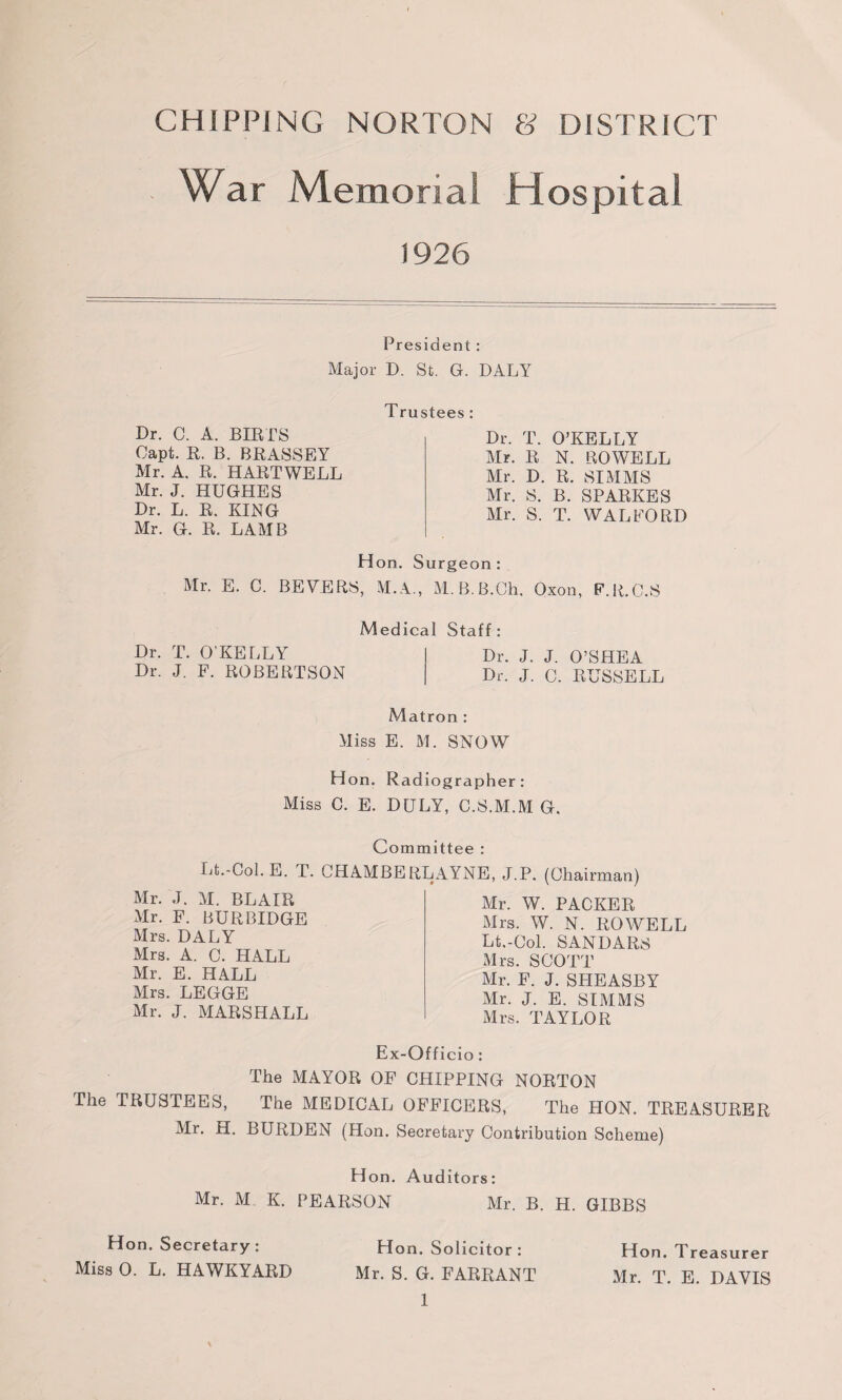 CHIPPING NORTON & DISTRICT War Memorial Hospital 1926 President : Major D. St. G. DALY Dr. C. A. BIRDS Capt. R. B. BRASSEY Mr. A. R. HARTWELL Mr. J. HUGHES Dr. L. R. KING Mr. G. R. LAMB Trustees : Dr. T. O’KELLY Mr. R N. ROWELL Mr. D. R. SIMMS Mr. S. B. SPARKES Mr. S. T. WALEORD H on. Surgeon: Mr. E. C. BEYERS, M.A., M.B.B.Ch. Oxon, F.R.C.S Medical Staff: Dr. T. O’KELLY I Dr. J. J. O’SHEA Dr. J. F. ROBERTSON | Dr. J. C. RUSSELL Matron : Miss E. M. SNOW Hon. Radiographer: Miss C. E. DULY, C.S.M.M G. Committee : Lt.-Col. E. T. CHAMBERLAYNE, J.P. (Chairman) Mr. J. M. BLAIR Mr. F. BURBIDGE Mrs. DALY Mrs. A. C. HALL Mr. E. HALL Mrs. LEGGE Mr. J. MARSHALL Mr. W. PACKER Mrs. W. N. ROWELL Lt.-Col. SANDARS Mrs. SCOTT Mr. F. J. SHEASBY Mr. J. E. SIMMS Mrs. TAYLOR Ex-Officio: The MAYOR OF CHIPPING NORTON The TRUSTEES, The MEDICAL OFFICERS, The HON. TREASURER Mr. H. BURDEN (Hon. Secretary Contribution Scheme) Hon. Auditors: Mr. M K. PEARSON Mr. B. H. GIBBS Hon. Secretary : Hon. Solicitor : Hon. Treasurer Miss 0. L. HAWKYARD Mr. S. G. FARRANT Mr. T. E. DAYIS