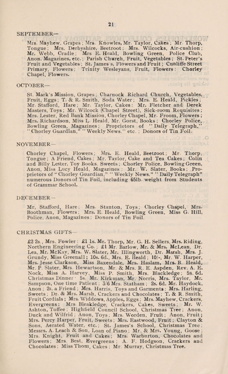 SEPTEMBER— Mrs. Mayhew. Grapes ; Mrs. Knowles, Mr. Taylor, Cakes; Mr. Thorp, Tongue ; Mrs. Derbyshire, Beetroot; Mrs. Wilcocks, Air-cushion ; Mr. Webb, Cradle; Mrs E. Heald, Bowling Green, Police Club, Anon. Magazines, etc.; Parish Church, Fruit, Vegetables ; St. Peter’s Fruit and Vegetables ; St. J ames s, Flowers and Fruit; Cunliffe Street Primary, Flowers; Trinity Wesleyans, Fruit, Flowers: Chorley Chapel, Blowers. OCTOBER— • i > ; ' St. Mark’s Mission, Grapes ; Charnock Richard Church, Vegetables, Fruit, Eggs; T. & R. Smith, Soda Water; Mrs. E- Heald, Pickles; Mr. Stafford, Hare; Mr. Taylor, Cakes: Mr. Fletcher and Derek Masters, Toys; Mr. Wilcock (Chapel Street), Sick-room Requisites; Mrs. Lester, Red Bank Mission, Chorley Chapel, Mr. Froom, Flowers ; Mrs. Richardson, Miss L- Heald, Mr. Gorst, Books ; Chorley Police, Bowling Green, Magazines; Proprietors of “Daily Telegraph,” “ Chorley Guardian,” “ Weekly News.” etc. ; Donors of Tin Foil. NOVEMBER— Chorley Chapel, Flowers; Mrs. E- Heald, Beetroot; Mr. Thorp, Tongue; A Friend, Cakes; Mr. Taylor, Cake and Tea Cakes; Colin and Billy Lester, Toy Books. Sweets; Chorley Police, Bowling Green, Anon, Miss Lucy Heald, Magazines : Mr. W. Slater, Books; Pro¬ prietors of “Chorley Guardian,” “ Weekly News.” “ Daily Telegraph” numerous Donors of Tin Foil, including 651b. weight from Students of Grammar School. DECEMBER— Mr, Stafford, Hare; Mrs. Stanton, Toys; Chorley Chapel, Mrs. Boothman, Flowers; Mrs. E- Heald, Bowling Green, Miss G. Hill, Police, Anon, Magazines; Donors of Tin Foil. CHRISTMAS GIFTS— £2 2s., Mrs. Fowler : £1 Is. Mr. Thorp, Mr. G. H. Sellers, Mrs. Riding, Northern Engineering Co. ; £1 Mr. Barlow, Mr. & Mrs. McLean, Dr. Lea, Mr. McKay, Mrs. W. Slater, Mr. Illingworth, Dr. Marsh, Mrs. J. Grundy, Miss Greenall; 10s. 6d., Mrs. E. Heald; 10/-, Mr. W. Harper, Mrs, Jesse Clarkson, Miss Baxendale, Mrs. Haslam, Mrs. B. Heald, Mr. P. Slater, Mrs. Hewartson, Mr. & Mrs. R. E. Aspden, Rev. A. E. Nock, Miss A. Harvey, Miss P. Smith, Mrs. Blackledge ; 5s. 6d. Christmas Dinner ■ 5s. Mr. Kirkman, Mr. Norris, Mrs. Taylor, Mr. Sampson, One time Patient; 3/6 Mrs. Statham ; 2s. 6d. Mr. Haydock, Anon; 2s. a B'riend ; Mrs. Harris, Toys and Garments : Mrs. Harling, Sweets ; Dr. & Mrs. Marsh, Crackers and Chocolates ; T. & R. Smith, Fruit Cordials ; Mrs. Widdows, Apples, Eggs ; Mrs. Mayhew, Crackers, Evergreens; Mrs. Bleakledge, Crackers, Cakes, Sweets; Mr. W. Ashton, Toffee ; Highfield Council School, Christmas Tree; Anon, Duck and Wilfrid; Anon, Toys; Mrs. Worden, Fruit; Anon, B'ruit; Mrs. Percy Harper, Fruit, Sweets; Mrs. Eastwood, Fruit; Clayton & Sons, Aerated Water, etc.; St. James’s School, Christmas Tree; Messrs. A. Leach & Son, Loan of Piano ; Mr. & Mrs. Young, Goose ; Mrs. Knight, Fruit and Cakes; Mrs. Warburton, Chocolates and Flowers; Mrs. Best, Evergreens; A. F. Hodgson, Crackers and Chocolates; Miss Thorn, Cakes; Mr. Murray, Christmas Tree.