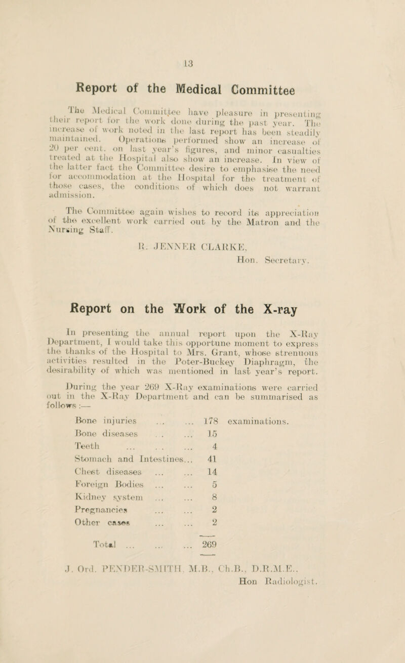 Report of the Medical Committee those cast's, the conditions of which does not warrant admission. The Committee again wishes to record its appreciation ot the excellent work carried out by the Matron and the Nursing Staff. Hon. Secretary. Report on the Work of the X-ray In presenting the annual report upon the X-Ray Department, I would take this opportune moment to express the thanks of the Hospital to Mrs. Grant, whose strenuous activities resulted in the Poter-Buckey Diaphragm, the desirability of which was mentioned in last year’s report. J)uring the year 269 X-Ray examinations were carried out in the X-Ray Department and can be summarised as follows :— Bone injuries .178 examinations. Bone diseases . . ... 1-5 Teeth Stomach and Intestines Chest diseases Foreign Bodies Kidney system Pregnancies Other case»s 4 41 14 5 8 2 2 269