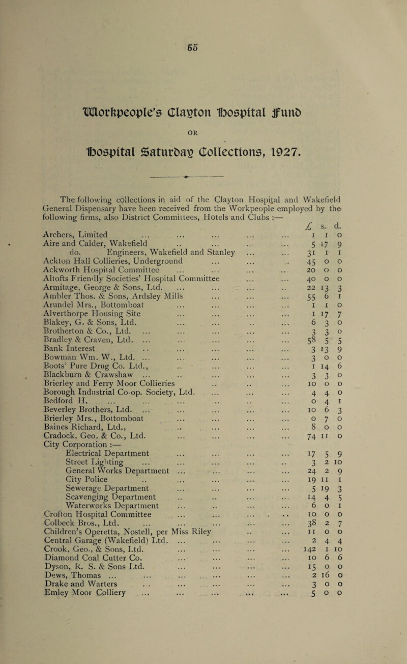 65 Morfepeople’s Clapton ibospltal jfunO OR * Ibospltal Saturbap Collections, 1927. The following collections in aid of the Clayton Hospital and Wakefield General Dispensary have been received from the Workpeople employed by the following firms, also District Committees, Hotels and Clubs Archers, Limited Aire and Calder, Wakefield do. Engineers, W’akefield and Stanley Ackton Hall Collieries, Underground Ackworth Hospital Committee Altofts Friendly Societies’ Hospital Committe Armitage, George & Sons, Ltd. Ambler Thos. & Sons, Ardsley Mills Arundel Mrs., Bottomboat Alverthorpe Housing Site Blakey, G. & Sons, Ltd. Brotherton & Co., Ltd. Bradley & Craven, Ltd. Bank Interest Bowman Wm. W., Ltd. Boots’ Pure Drug Co. Ltd Blackburn & Crawshaw Brierley and Ferry Moor Collieries Borough Industrial Co-op. Society, Ltd Bedford H. Beverley Brothers, Ltd. Brierley Mrs., Bottomboat Baines Richard, Ltd., Cradock, Geo. & Co., Ltd. City Corporation :— Electrical Department Street Lighting General Works Department City Police Sewerage Department Scavenging Department Waterworks Department Crofton Hospital Committee Colbeck Bros., Ltd. Children’s Operetta, Nostell, per Miss Riley Central Garage (Wakefield) Ltd. Crook, Geo., & Sons, Ltd. Diamond Coal Cutter Co. Dyson, R. S. & Sons Ltd. Dews, Thomas ... Drake and Warters . . £ s. d. i 1 0 5 i7 9 3i 1 1 45 0 0 20 0 0 40 0 0 22 13 3 55 6 1 1 1 0 1 17 7 6 3 0 3 3 0 58 5 5 3 13 9 3 0 0 1 14 6 3 3 0 10 0 0 4 4 0 0 4 1 10 6 a 0 7 0 8 0 0 74 1 j 0 17 5 9 3 2 10 24 2 9 19 11 1 5 19 3 14 4 5 6 0 1 10 0 0 38 2 7 11 0 0 2 4 4 142 1 10 10 6 6 15 0 0 2 16 0 3 0 0