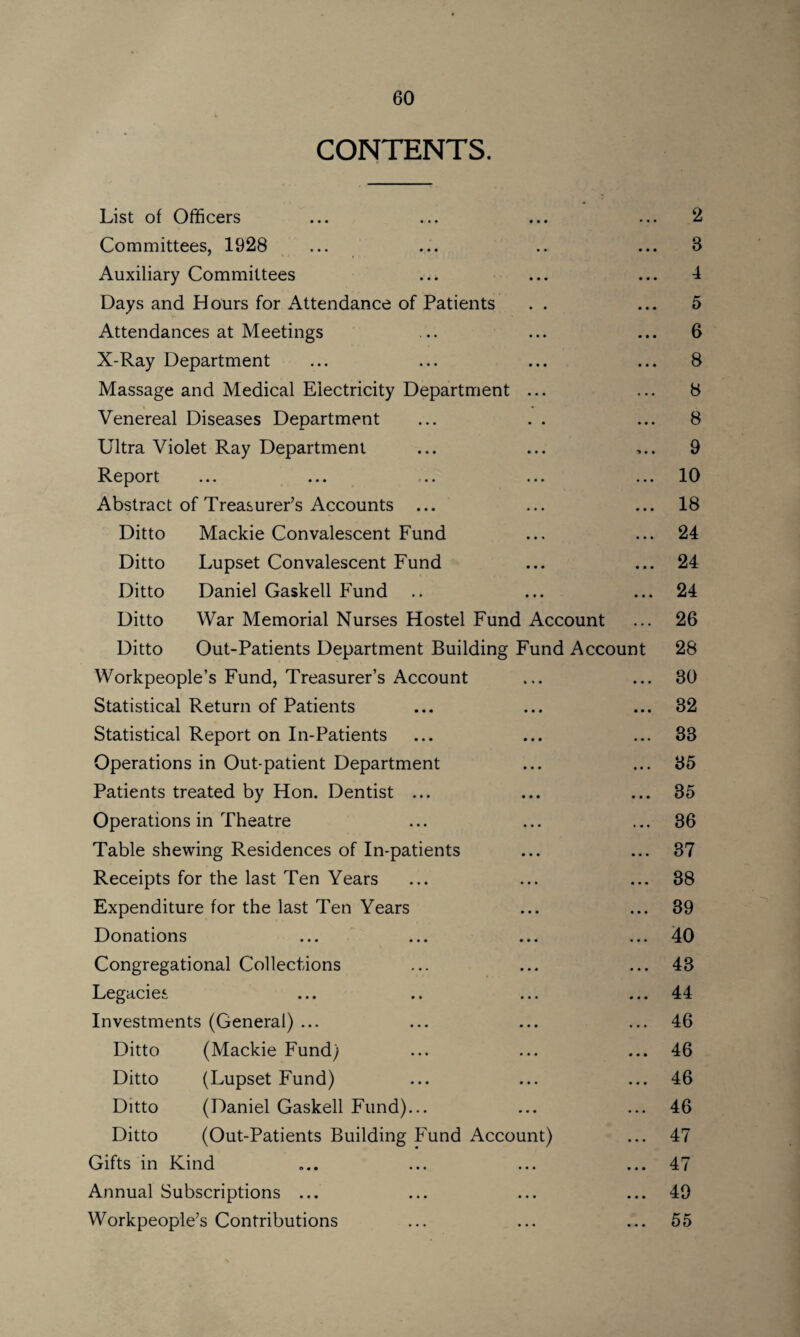 CONTENTS. List of Officers Committees, 1928 Auxiliary Committees Days and Hours for Attendance of Patients Attendances at Meetings X-Ray Department Massage and Medical Electricity Department ... Venereal Diseases Department Ultra Violet Ray Department Report Abstract of Treasurer’s Accounts Ditto Mackie Convalescent Fund Ditto Lupset Convalescent Fund Ditto Daniel Gaskell Fund Ditto War Memorial Nurses Hostel Fund Account Ditto Out-Patients Department Building Fund Account Workpeople’s Fund, Treasurer’s Account Statistical Return of Patients Statistical Report on In-Patients Operations in Out-patient Department Patients treated by Hon. Dentist ... Operations in Theatre Table shewing Residences of In-patients Receipts for the last Ten Years Expenditure for the last Ten Years Donations Congregational Collections Legacies Investments (General) ... Ditto (Mackie Fund) Ditto (Lupset Fund) Ditto (Daniel Gaskell Fund)... Ditto (Out-Patients Building Fund Account) Gifts in Kind Annual Subscriptions ... Workpeople’s Contributions 2 8 4 5 6 8 8 8 9 10 18 24 24 24 26 28 30 82 33 35 35 36 37 38 39 40 43 44 46 46 46 46 47 47 49 55