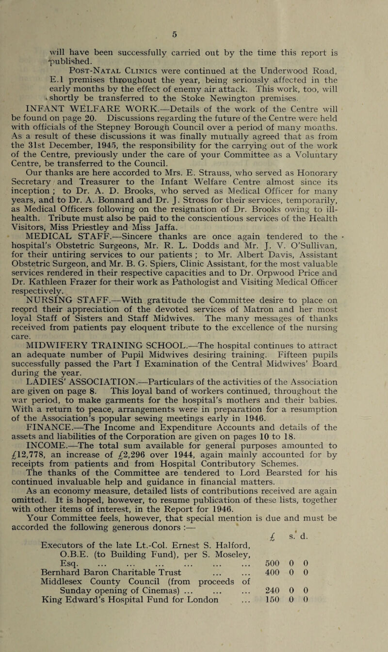 will have been successfully carried out by the time this report is ■published. Post-Natal Clinics were continued at the Underwood Road, E.l premises throughout the year, being seriously affected in the early months by the effect of enemy air attack. This work, too, will »shortly be transferred to the Stoke Newington premises. INFANT WELFARE WORK.—Details of the work of the Centre will be found on page 20. Discussions regarding the future of the Centre were held with officials of the Stepney Borough Council over a period of many months. As a result of these discussions it was finally mutually agreed that as from the 31st December, 1945, the responsibility for the carrying out of the work of the Centre, previously under the care of your Committee as a Voluntary Centre, be transferred to the Council. Our thanks are here accorded to Mrs. E. Strauss, who served as Honorary Secretary and Treasurer to the Infant Welfare Centre almost since its inception ; to Dr. A. D. Brooks, who served as Medical Officer for many years, and to Dr. A. Bonnard and Dr. J. Stress for their services, temporarily, as Medical Officers following on the resignation of Dr. Brooks owing to ill- health. Tribute must also be paid to the conscientious services of the Health Visitors, Miss Priestley and Miss Jaffa. MEDICAL STAFF.—Sincere thanks are once again tendered to the - hospital’s Obstetric Surgeons, Mr. R. L. Dodds and Mr. J. V. O’Sullivan, for their untiring services to our patients ; to Mr. Albert Davis, Assistant Obstetric Surgeon, and Mr. B. G. Spiers, Clinic Assistant, for the most valuable services rendered in their respective capacities and to Dr. Orpwood Price and Dr. Kathleen Frazer for their work as Pathologist and Visiting Medical Officer respectively. NURSING STAFF.—With gratitude the Committee desire to place on record their appreciation of the devoted services of Matron and her most loyal Staff of Sisters and Staff Midwives. The many messages of thanks received from patients pay eloquent tribute to the excellence of the nursing care. MIDWIFERY TRAINING SCHOOL.—The hospital continues to attract an adequate number of Pupil Mid wives desiring training. Fifteen pupils successfully passed the Part I Examination of the Central Midwives’ Board during the year. LADIES’ ASSOCIATION.—Particulars of the activities of the Association are given on page 8. This loyal band of workers continued, throughout the war period, to make garments for the hospital’s mothers and their babies. With a return to peace, arrangements were in preparation for a resumption of the Association’s popular sewing meetings early in 1946. FINANCE.—The Income and Expenditure Accounts and details of the assets and liabilities of the Corporation are given on pages 10 to 18. INCOME.—The total sum available for general purposes amounted to £12,778, an increase of £2,296 over 1944, again mainly accounted for by receipts from patients and from Hospital Contributory Schemes. The thanks of the Committee are tendered to Lord Bearsted for his continued invaluable help and guidance in financial matters. As an economy measure, detailed lists of contributions received are again omitted. It is hoped, however, to resume publication of these lists, together with other items of interest, in the Report for 1946. Your Committee feels, however, that special mention is due and must be accorded the following generous donors :— £ s/ d. Executors of the late Lt.-Col. Ernest S. Halford, O.B.E. (to Building Fund), per S. Moseley, Esq. Bernhard Baron Charitable Trust Middlesex County Council (from proceeds of Sunday opening of Cinemas) ... King Edward’s Hospital Fund for London 500 0 0 400 0 0 240 0 0 150 0 0