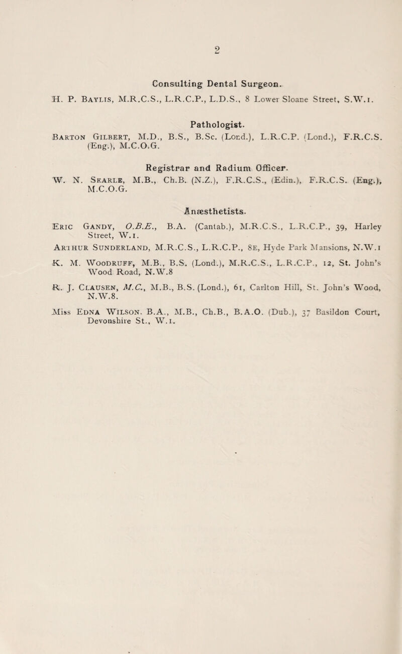 Consulting Dental Surgeon. H. P. Baylis, M.R.C.S., L.R.C.P., L.D.S., 8 Lower Sloane Street, S.W.i. Pathologist. Barton Gilbert, M.D., B.S., B.Sc. (Lond.), L.R.C.P. (Lond.), F.R.C.S. (Eng.), M.C.O.G. Registrar and Radium Officer. W. N. Searlk, M.B., Ch.B. (N.Z.), F.R.C.S., (Edin.), F.R.C.S. (Eng.), M. C.O.G. Anaesthetists. Eric Gandy, O.B.E., B.A. (Cantab.), M.R.C.S., L.R.C.P., 39, Harley Street, W. 1. Arihur Sunderland, M.R.C.S., L.R.C.P., 8e, Hyde Park Mansions, N.W.i K. M. Woodruff, M.B., B.S. (Lond.), M.R.C.S., L.R.C.P., 12, St. John’s Wood Road, N.W.8 R. J. Clausen, M.C., M.B., B.S. (Lond.), 61, Carlton Hill, St. John’s Wood, N. W.8. .Miss Edna Wilson. B.A., M.B., Ch.B., B.A.O. (Dub.), 37 Basildon Court, Devonshire St., W.i.