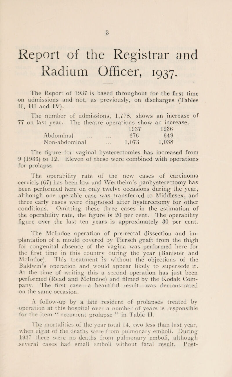 Report of the Registrar and Radium Officer, 1937. The Report of 1937 is based throughout for the first time on admissions and not, as previously, on discharges (Tables II, III and IV). The number of admissions, 1,778, shows an increase of 77 on last year. The theatre operations show an increase. 1937 1936 Abdominal ... ... 676 649 Non-abdominal ... 1,073 1,038 The figure for vaginal hysterectomies has increased from 9 (1936) to 12. Eleven of these were combined with operations for prolapse The operability rate of the new cases of carcinoma cervicis (67) has been low and Wertheim’s panhysterectomy has been performed here on only twelve occasions during the year, although one operable case was transferred to Middlesex, and three early cases were diagnosed after hysterectomy for other conditions. Omitting these three cases in the estimation of the operability rate, the figure is 20 per cent. The operability figure over the last ten years is approximately 30 per cent. The Mclndoe operation of pre-rectal dissection and im¬ plantation of a mould covered by Tiersch graft from the thigh for congenital absence of the vagina was performed here for the first time in this country during the year (Banister and Mclndoe). This treatment is without the objections of the Baldwin’s operation and would appear likely to supersede it. At the time of writing this a second operation has just been performed (Read and Mclndoe) and filmed by the Kodak Com¬ pany. The first case—a beautiful result—was demonstrated on the same occasion. A follow-up by a late resident of prolapses treated by operation at this hospital over a number of years is responsible for the item “ recurrent prolapse ” in Table II. The mortalities of the year total 14, two less than last year, when eight of the deaths were from pulmonary emboli. During 1937 there were no deaths from pulmonary emboli, although several cases had small emboli without fatal result. Post-
