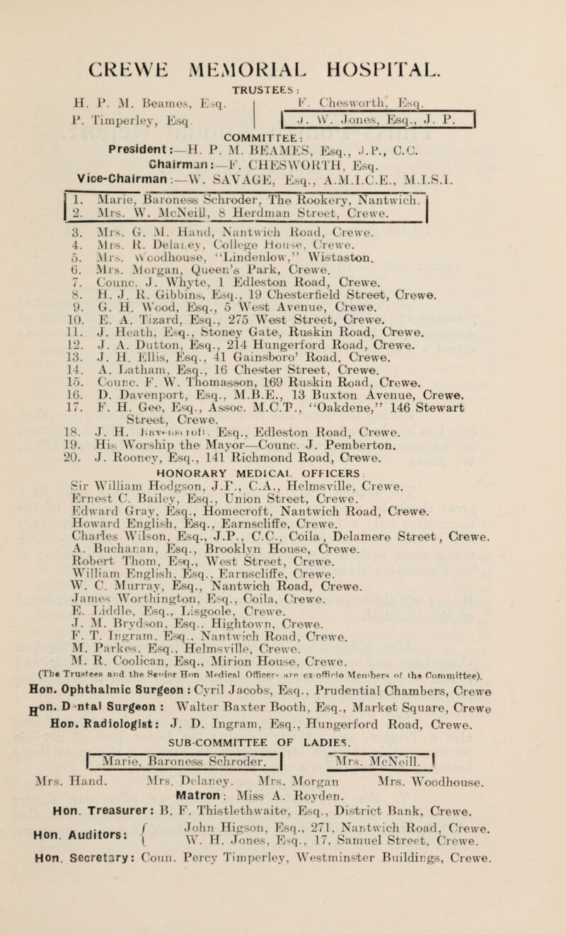 TRUSTEES : H. P. M. Beames, Esq. h. Ches worth, Esq. P. Timperley, Esq | j . \V. Jones, Esq., J. P. ~| COMMITTEE: President:—H. P. M. BEAMES, Esq., J.P., C.C. Chairman:—E. CHESWORTH, Esq. Vice-Chairman:—YV. SAVAGE, Esq., A.M.I.C.E., M LS.I. I. Marie, Baroness Schroder, The Rookery, Nantwich. j 2. Mrs. W. McNeill, 8 Herdman Street, Crewe._I 3. Mrs. G. M. H and, Nantwich Road, Crewe. 4. Mrs. R. Delaney, College House, Crewe. 5. Mrs. W codhou'se, “Lindenlow,” Wistaston. 0. Mrs. Morgan, Queen’s Park, Crewe. 7. Counc. J. Whyte, 1 Edleston Road, Crewe. 8. H. J. R. Gibbins, Esq., 19 Chesterfield Street, Crewe. 9. G. H. Wood, Esq., 5 West Avenue, Crewe. 10. E. A. Tizard, Esq., 275 West Street, Crewe. 11. J. Heath, Esq., Stoney Gate, Ruskin Road, Crewe. 12. J. A. Dutton. Esq., 214 Hungerford Road, Crewe. 13. J. H. Ellis, Esq., 41 Gainsboro’ Road, Crewe. 14. A. Eatham, Esq., 16 Chester Street, Crewe. 15. Counc. F. W. Thom a® son, 169 Ruskin Road, Crewe. 16. D. Davenport, Esq., M.B.E., 13 Buxton Avenue, Crewe. 17. F. H. Gee, Esiq., Assoc. M.C.T., “Oakdene,” 146 Stewart Street, Crewe. 18. J. H. iutvMist ioft. Esq., Edleston Road, Crewe. 19. His, Worship the Mayor—Counc. J. Pemberton. 20. J. Rooney, Esq., 141 Richmond Road, Crewe. HONORARY MEDICAL OFFICERS Sir William Hodgson, J.F., C.A., Helmisville, Crewe. Ernest C. Bailey, Esq., Union Street, Crewe. Edward Gray, Esq., Homecroft, Nantwich Road, Crewe. Howard EnglisE, Esq., Earnscliffe, Crewe. Charles Wilson, Esq., J.P., C.C., Coila, Delamere Street, Crewe. A. Buchanan, Esq., Brooklyn House, Crewe. Robert Thom, Esq., West Street, Crewe. William English, Esq., Earnscliffe, Crewe. W. C. Murray, Esq., Nantwich Road, Crewe. James Worthington, Esq., Coila, Crewe. E. Fiddle, Esq., Lisgoole, Crewe. J. M. Brydson, Esq.. Hightown, Crewe. E. T. Ingram, Esq., Nantwich Road, Crewe. M. Parkes, Esq., Helmsville, Crewe. M. R. Coolican, Esq., Mir ion House, Crewe. (Tbe Trustees and the Senior Hon Medical Officer* arc ex-offiHo Members of th« Committee), Hon. Ophthalmic Surgeon : Cyril Jacobs, Esq., Prudential Chambers, Crewe gon. D ntal Surgeon : Walter Baxter Booth, Esq., Market Square, Crewe Hod. Radiologist: J. D. Ingram, Esq., Hungerford Road, Crewe. SUBCOMMITTEE OF LADIES. Marie, Baroness Schroder. | Mrs. McNeill. I Mrs. Hand. Mrs. Delaney. Mrs. Morgan Mrs. Woodhouse. Matron: Miss A. Royden. Hon. Treasurer: B. F. Thistlethwaite, Esq., District Bank, Crewe. ■j_M / John Higson, Esq., 271, Nantwich Road, Crewe. H . Aud . j W. H. Jones, E^q., 17, Samuel Street, Crewe. Hon. Secretary: Coun. Percy Timperley, Westminster Buildings, Crewe.