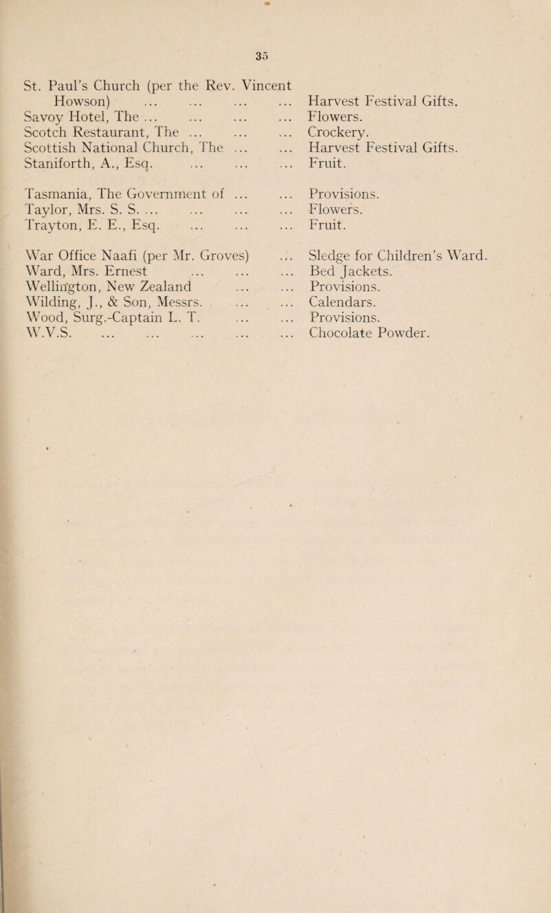 St. Paul’s Church (per the Rev. Vincent Howson) Savoy Hotel, The ... Scotch Restaurant, The ... Scottish National Church, The ... Staniforth, A., Esq. Tasmania, The Government of ... Taylor, Mrs. S. S. ... Trayton, E. E., Esq. War Office Naafi (per Mr. Groves) Ward, Mrs. Ernest Wellirfgton, New Zealand Wilding, J., & Son, Messrs. Wood, Surg.-Captain L. T. w.v.s. Harvest Festival Gifts. ... Flowers. ... Crockery. Harvest Festival Gifts. ... Fruit. Provisions. ... Flowers. ... Fruit. Sledge for Children’s Ward. ... Bed Jackets. Provisions. Calendars. Provisions. ... Chocolate Powder.