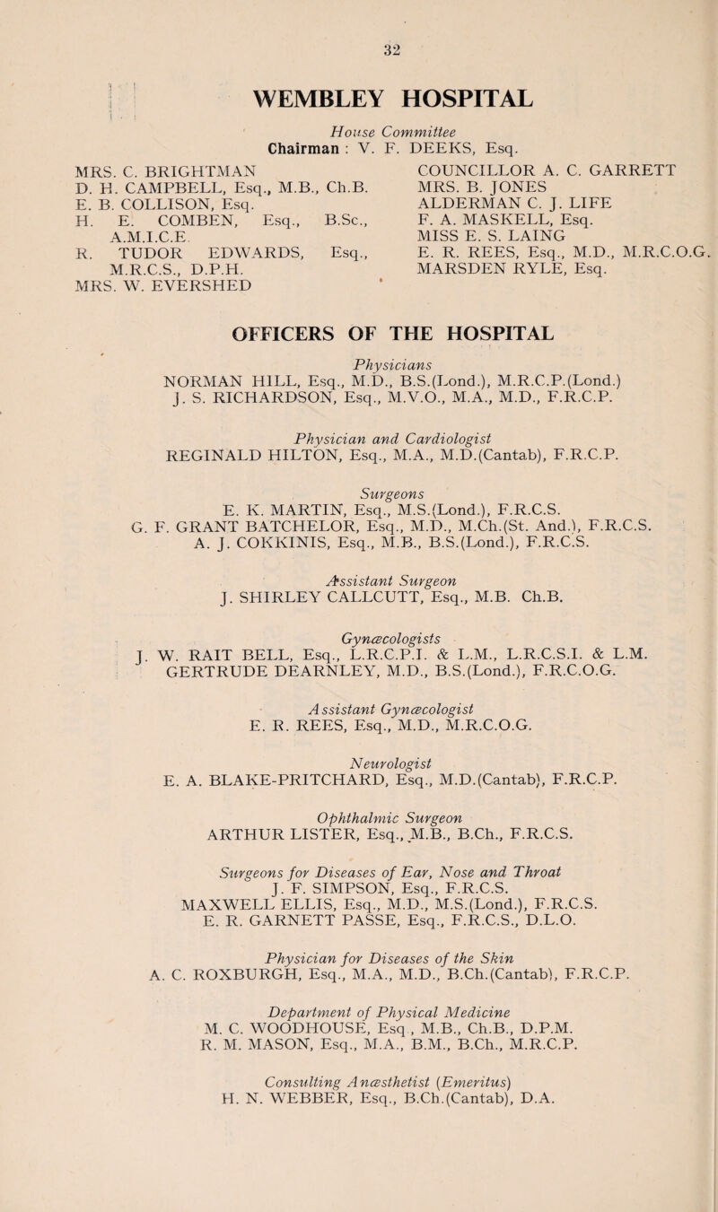 WEMBLEY HOSPITAL House Committee Chairman : V. F. DEEKS, Esq. MRS. C. BRIGHTMAN B. EL CAMPBELL, Esq., M.B., Ch.B. E. B. COLLISON, Esq. H. E. COMBEN, Esq., B.Sc., A.M.I.C.E R. TUDOR EDWARDS, Esq., M.R.C.S., D.P.H. MRS. W. EYERSHED COUNCILLOR A. C. GARRETT MRS. B. JONES ALDERMAN C, J. LIFE F. A. MASKELL, Esq. MISS E. S. LAING E. R. REES, Esq., M.D., M.R.C.O.G. MARSDEN RYLE, Esq. OFFICERS OF TFIE HOSPITAL • i i Physicians NORMAN HILL, Esq., M.D., B.S.(Lond.), M.R.C.P.(Lond.) J. S. RICHARDSON, Esq., M.V.O., M.A., M.D., F.R.C.P. Physician and Cardiologist REGINALD HILTON, Esq., M.A., M.D.(Cantab), F.R.C.P. Surgeons E. K. MARTIN, Esq., M.S.(Lond.), F.R.C.S. G F. GRANT BATCHELOR, Esq., M.D., M.Ch.(St. Andd, F.R.C.S. A. J. COKKINIS, Esq., M.B., B.S.(Lond.), F.R.C.S. Assistant Surgeon J. SHIRLEY CALLCUTT, Esq., M.B. Ch.B. Gynecologists J W. RAIT BELL, Esq., L.R.C.P.I. & L.M., L.R.C.S.I. & L.M. GERTRUDE DEARNLEY, M.D., B.S.(Lond.), F.R.C.O.G. Assistant Gynecologist E. R. REES, Esq., M.D., M.R.C.O.G. Neurologist E. A. BLAKE-PRITCHARD, Esq., M.D.(Cantab), F.R.C.P. Ophthalmic Surgeon ARTHUR LISTER, Esq., M.B., B.Ch., F.R.C.S. Surgeons for Diseases of Ear, Nose and Throat J. F. SIMPSON, Esq., F.R.C.S. MAXWELL ELLIS, Esq., M.D., M.SJLond.), F.R.C.S. E. R. GARNETT PASSE, Esq., F.R.C.S., D.L.O. Physician for Diseases of the Skin A. C. ROXBURGH, Esq., M.A., M.D., B.Ch.(Cantab), F.R.C.P. Department of Physical Medicine M. C. WOODHOUSE, Esq , M.B., Ch.B., D.P.M. R. M. MASON, Esq., M.A., B.M., B.Ch., M.R.C.P. Consulting Anesthetist (Emeritus) LI. N. WEBBER, Esq., B.Ch.(Cantab), D.A.