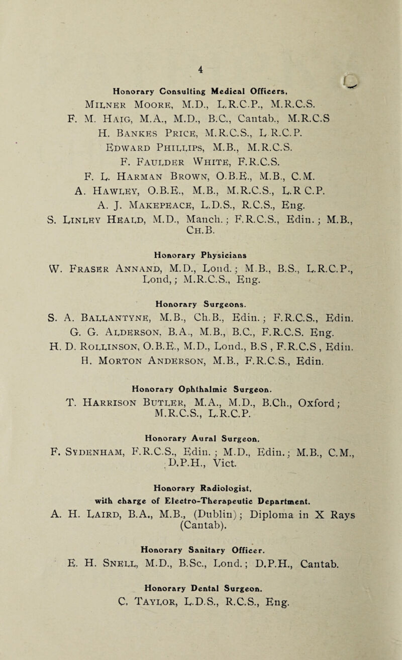 Honorary Consulting Medical Officers, Milner Moore, M.D., L.R.C.P., M.R.C.S. F. M. Haig, M.A., M.D., B.C., Cantab., M.R.C.S H. Bankes Price, M.R.C.S., E R.C.P. Edward Phillips, M.B., M.R.C.S. F. Faulder White, F.R.C.S. F. E. Harman Brown, O.B.E., M.B., C.M. A. Hawley, O.B.E., M.B., M.R.C.S., LRC.P. A. J. Makepeace, L.D.S., R.C.S., Eng. S. Linley Heald, M.D., Manch.; F.R.C.S., Edin.; M.B., Ch.B. Honorary Physicians W. Fraser Annand, M.D., Eond.; M B., B.S., E.R.C.P., Eond,; M.R.C.S., Eng. Honorary Surgeons. S. A. Ballantyne, M.B., Ch.B., Edin.; F.R.C.S., Edin. G. G. Alderson. B.A., M.B., B.C., F.R.C.S. Eng. H. D. Rollinson, O.B.E., M.D., Eond., B.S , F.R.C.S , Edin. H. Morton Anderson, M.B., F.R.C.S., Edin. Honorary Ophthalmic Surgeon. T. Harrison Butler, M.A., M.D., B.Ch., Oxford; M.R.C.S., E.R.C.P. Honorary Aural Surgeon. F. Sydenham, F.R.C.S., Edin.; M.D., Edin.; M.B., C.M., :D.P.H., Viet. Honorary Radiologist, with charge of Electro-Therapeutic Department. A. H. Eaird, B.A., M.B., (Dublin); Diploma in X Rays (Cantab). Honorary Sanitary Officer. E. H. Snell, M.D., B.Sc., Eond.; D.P.H., Cantab. Honorary Dental Surgeon. C. Taylor, E.D.S., R.C.S., Eng.