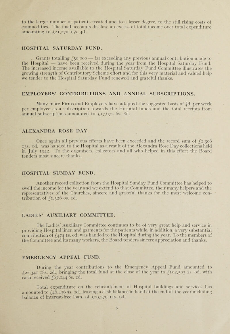 to the larger number of patients treated and to a lesser degree, to the still rising costs of commodities. The final accounts disclose an excess of total income over total expenditure amounting to £21,270 15s. 4d. HOSPITAL SATURDAY FUND. . Grants totalling £50,000 — far exceeding any previous annual contribution made to the Hospital — have been received during the year from the Hospital Saturday Fund. The increased income available to the Hospital Saturday Fund Committee illustrates the growing strength of Contributory Scheme effort and for this very material and valued help we tender to the Hospital Saturday Fund renewed and grateful thanks. EMPLOYERS’ CONTRIBUTIONS AND ANNUAL SUBSCRIPTIONS. Many more Firms and Employers have adopted the suggested basis of £d. per week per employee as a subscription towards the Hospital funds and the total receipts from annual subscriptions amounted to £17,672 6s. 8d. ALEXANDRA ROSE DAY. t * Once again all previous efforts have been exceeded and the record sum of £1,306 13s. od. was handed to the Hospital as a result of the Alexandra Rose Day collections held in July 1942. To the organisers, collectors and all who helped in this effort the Board tenders most sincere thanks. HOSPITAL SUNDAY FUND. Another record collection from the Hospital Sunday Fund Committee has helped to swell the income for the year and we extend to that Committee, their many helpers and the representatives of the Churches, sincere and grateful thanks for the most welcome con¬ tribution of £1,526 os. id. A J ' LADIES’ AUXILIARY COMMITTEE. The Ladies’ Auxiliary Committee continues to be of very great help and service in providing Hospital linen and garments for the patients while, in addition, a very substantial contribution of £474 is. od. was handed to the Hospital during the year. To the members of the Committee and its many workers, the Board tenders sincere appreciation and thanks. EMERGENCY APPEAL FUND. During the year contributions to the Emergency Appeal Fund amounted to £22,341 18s. 2d., bringing the total fund at the close of the year to £102,503 2s. od. with cash received £67,144 8s. 2d. Total expenditure on the reinstatement of Hospital buildings and services has amounted to £46,436 5s. od., leaving a cash balance in hand at the end of the year including balance of interest-free loan, of £29,279 ns. 9b.