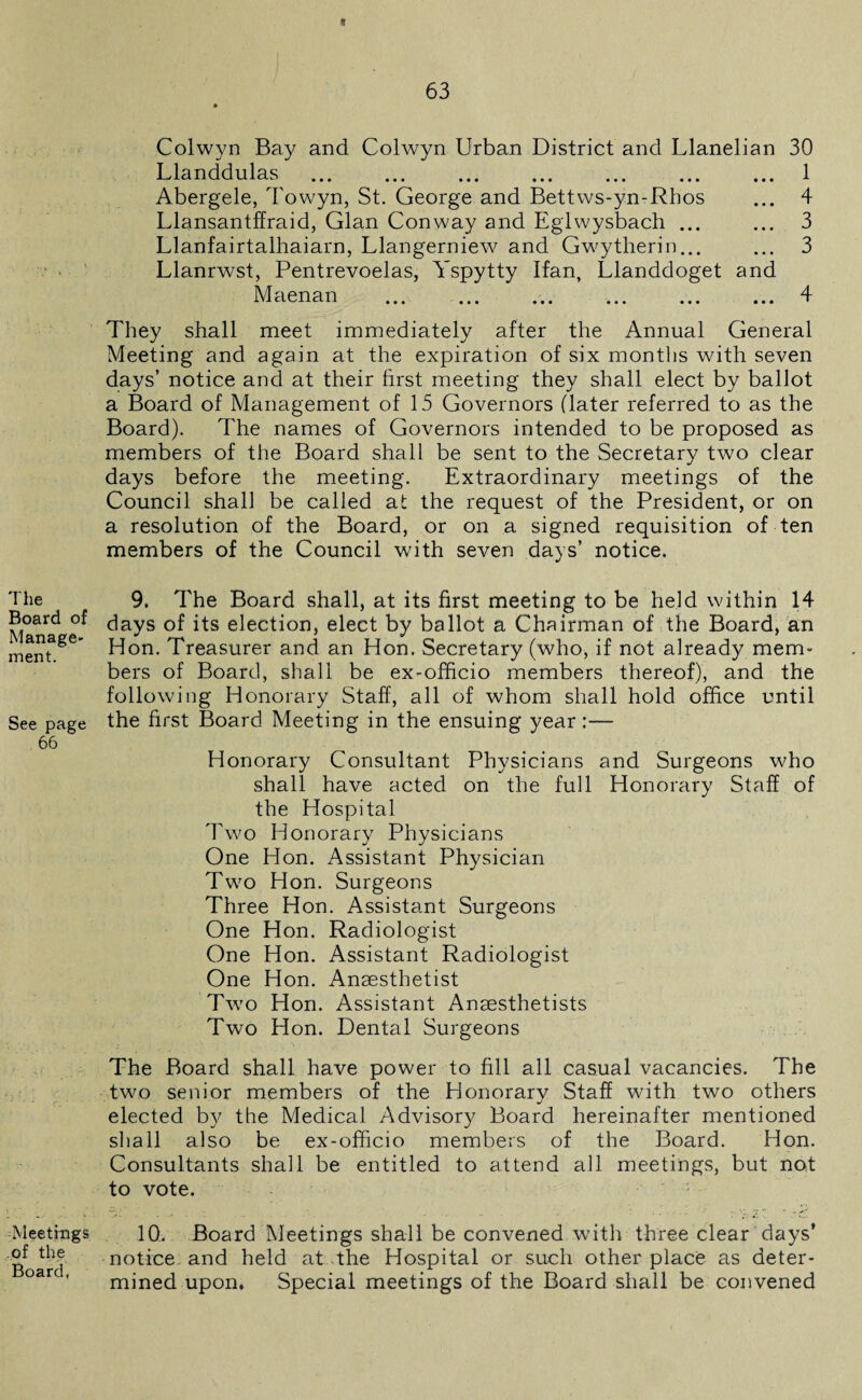 The Board of Manage¬ ment. See page 66 Meetings of the Board, t 63 • Colwyn Bay and Colwyn Urban District and Llanelian 30 Llanddulas ... ... ... ... ... ... ... 1 Abergele, Towyn, St. George and Bettws-yn-Rhos ... 4 Llansantffraid, Gian Conway and Eglwysbach ... ... 3 Llanfairtalhaiarn, Llangerniew and Gwytherin... ... 3 Llanrwst, Pentrevoelas, Yspytty Ifan, Llanddoget and Maenan . . 4 They shall meet immediately after the Annual General Meeting and again at the expiration of six months with seven days’ notice and at their first meeting they shall elect by ballot a Board of Management of 15 Governors (later referred to as the Board). The names of Governors intended to be proposed as members of the Board shall be sent to the Secretary two clear days before the meeting. Extraordinary meetings of the Council shall be called at the request of the President, or on a resolution of the Board, or on a signed requisition of ten members of the Council with seven days’ notice. 9. The Board shall, at its first meeting to be held within 14 days of its election, elect by ballot a Chairman of the Board, an Hon. Treasurer and an Hon. Secretary (who, if not already mem¬ bers of Board, shall be ex-officio members thereof), and the following Honorary Staff, all of whom shall hold office until the first Board Meeting in the ensuing year:— Honorary Consultant Physicians and Surgeons who shall have acted on the full Honorary Staff of the Hospital Two Honorary Physicians One Hon. Assistant Physician Two Hon. Surgeons Three Hon. Assistant Surgeons One Hon. Radiologist One Hon. Assistant Radiologist One Hon. Anaesthetist Two Hon. Assistant Anaesthetists Two Hon. Dental Surgeons The Board shall have power to fill all casual vacancies. The two senior members of the Honorary Staff with two others elected by the Medical Advisory Board hereinafter mentioned shall also be ex-officio members of the Board. Hon. Consultants shall be entitled to attend all meetings, but not to vote. 10. Board Meetings shall be convened with three clear days’ notice and held at the Hospital or such other place as deter¬ mined upon. Special meetings of the Board shall be convened