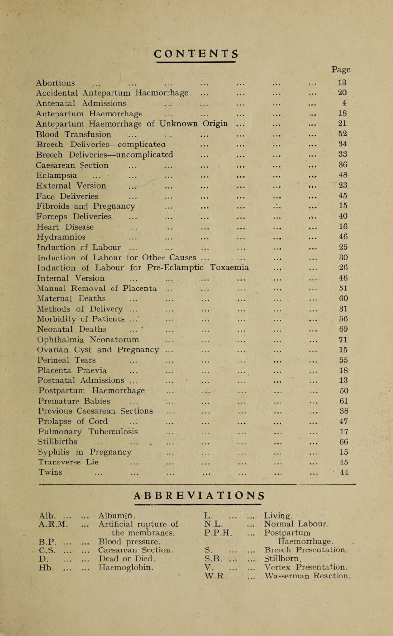 CONTENTS Page Abortions . 13 Accidental Antepartum Haemorrhage . 20 Antenatal Admissions ■ • o • • 4 Antepartum Haemorrhage • • • • 18 Antepartum Haemorrhage of Unknown Origin ... . 21 Blood Transfusion • • • • 52 Breech Deliveries—complicated • • • • 34 Breech Deliveries—uncomplicated 9 • e • 33 Caesarean Section ... ... ... • • • • 36 Eclampsia ... • 9 «.* 48 External Version ft • • • 23 Face Deliveries ... ... • • • • 45 Fibroids and Pregnancy « 0 ■ • 15 Forceps Deliveries ... ... ... ... ft ft ft • 40 Heart Disease ... (> • ft • 16 Hydramnios ft • • • 46 Induction of Labour ... • ft • • 25 Induction of Labour for Other Causes ... • . • • 30 Induction of Labour for Pre-Eclamptic Toxaemia ft • • • 26 Internal Version . 46 Manual Removal of Placenta ... • ... 51 Maternal Deaths ... .... • ... 60 Methods of Delivery ... • 31 Morbidity of Patients ...' . 56 Neonatal Deaths ... ' 69 Ophthalmia Neonatorum . 71 Ovarian Cyst and Pregnancy ... . 15 Perineal Tears ft 1 1 ) 55 Placenta Praevia ... ... . . . . 18 Postnatal Admissions ... • ... 13 Postpartum Haemorrhage 50 Premature Babies . 61 Previous Caesarean Sections • , . • 38 Prolapse of Cord ..: • 47 Pulmonary Tuberculosis » 17 Stillbirths ... ... * ft • • ft 66 Syphilis in Pregnancy . 15 Transverse Lie • • • • 45 Twins . - 44 ABBRE VI ATIONS Alb. ... ... Albumin. L. ... Living. A.R.M. ... Artificial rupture of N.L. ... Normal Labour. the membranes-. P.P.H. Postpartum B.P. ... ... Blood pressure. Haemorrhage. C.S. ... ... Caesarean Section. S. Breech Presentation. D. ... Dead or Died. S.B. ... ... Stillborn. Hb. ... ... Haemoglobin. V. W. R. ... Vertex Presentation. ... Wasserman Reaction,