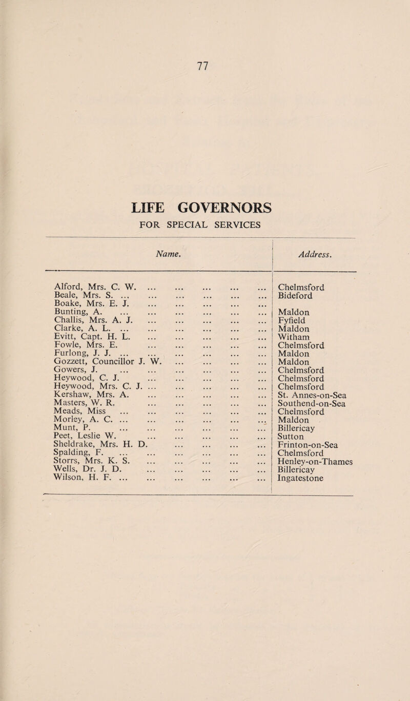 LIFE GOVERNORS FOR SPECIAL SERVICES Name. Address. Alford, Mrs. C. W. Chelmsford Beale, Mrs. S.. . Bideford Boake, Mrs. E. J. Bunting, A. ... . . Maldon Challis, Mrs. A. J. Fyfield Clarke, A. L... Maldon Evitt, Capt. H. L. Witham Fowle, Mrs. E. Chelmsford Furlong, J. J. Maldon Gozzett, Councillor J. VV. Maldon Gowers, J. Chelmsford Heywood, C. J. ... . Chelmsford Heywood, Mrs. C. J. ... . Chelmsford Kershaw, Mrs. A. ... .. St. Annes-on-Sea Masters, W. R. ... . Southend-on-Sea Meads, Miss ... ... . Chelmsford Morley, A. C. ... ... .. Maldon Munt, P. Billericay Peet, Leslie W. . Sutton Sheldrake, Mrs. H. D. ... Frinton-on-Sea Spalding, F. . Chelmsford Storrs, Mrs. K. S. Henley-on-Thames Wells, Dr. J. D. Billericay Wilson, H. F. ... . Ingatestone