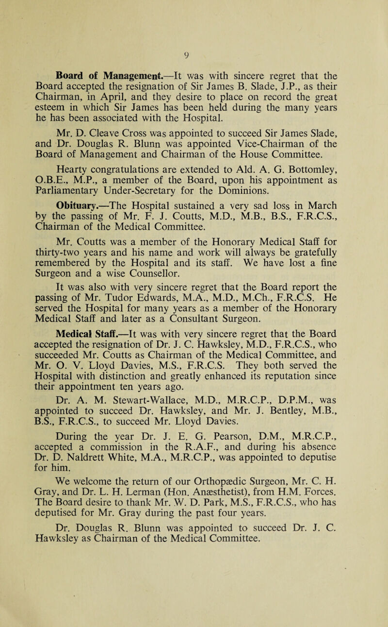 Board of Management.—It was with sincere regret that the Board accepted the resignation of Sir James B. Slade, J.P., as their Chairman, in April, and they desire to place on record the great esteem in which Sir James has been held during the many years he has been associated with the Hospital. Mr. D. Cleave Cross was appointed to succeed Sir James Slade, and Dr. Douglas R. Blunn was appointed Vice-Chairman of the Board of Management and Chairman of the House Committee. Hearty congratulations are extended to Aid. A. G. Bottomley, O.B.E., M.P., a member of the Board, upon his appointment as Parliamentary Under-Secretary for the Dominions. Obituary.—The Hospital sustained a very sad loss in March by the passing of Mr. F. J. Coutts, M.D., M.B., B.S., F.R.C.S., Chairman of the Medical Committee. Mr. Coutts was a member of the Honorary Medical Staff for thirty-two years and his name and work will always be gratefully remembered by the Hospital and its staff. We have lost a fine Surgeon and a wise Counsellor. It was also with very sincere regret that the Board report the passing of Mr. Tudor Edwards, M.A., M.D., M.Ch., F.R.C.S. He served the Hospital for many years as a member of the Honorary Medical Staff and later as a Consultant Surgeon. Medical Staff.—It was with very sincere regret that the Board accepted the resignation of Dr. J. C. Hawksley, M.D., F.R.C.S., who succeeded Mr. Coutts as Chairman of the Medical Committee, and Mr. O. V. Lloyd Davies, M.S., F.R.C.S. They both served the Hospital with distinction and greatly enhanced its reputation since their appointment ten years ago. Dr. A. M. Stewart-Wallace, M.D., M.R.C.P., D.P.M., was appointed to succeed Dr. Hawksley, and Mr. J. Bentley, M.B., B.S., F.R.C.S., to succeed Mr. Lloyd Davies. During the year Dr. J. E. G. Pearson, D.M., M.R.C.P., accepted a commission in the R.A.F., and during his absence Dr. D. Naldrett White, M.A., M.R.C.P., was appointed to deputise for him. We welcome the return of our Orthopaedic Surgeon, Mr. C. H. Gray, and Dr. L. H. Lerman (Hon. Anaesthetist), from H.M. Forces. The Board desire to thank Mr. W. D. Park, M.S., F.R.C.S., who has deputised for Mr. Gray during the past four years. Dr. Douglas R. Blunn was appointed to succeed Dr. J. C. Hawksley as Chairman of the Medical Committee.