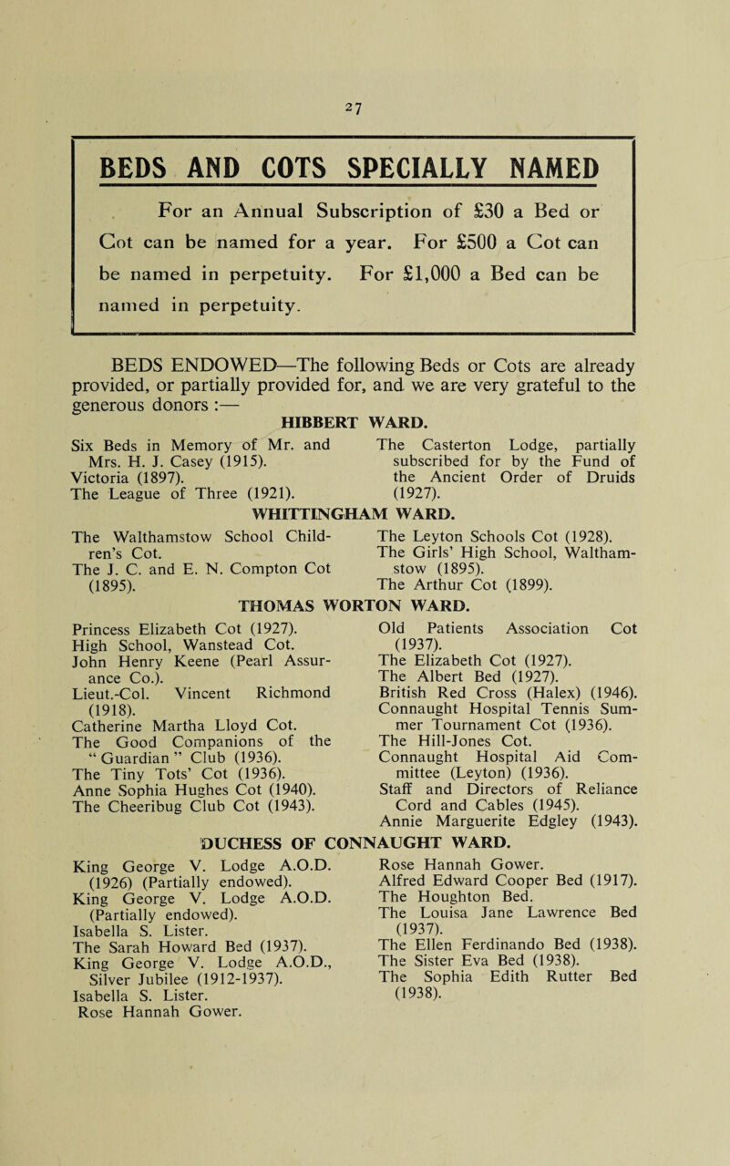 BEDS AND COTS SPECIALLY NAMED For an Annual Subscription of £30 a Bed or Cot can be named for a year. For £500 a Cot can be named in perpetuity. For £1,000 a Bed can be named in perpetuity. BEDS ENDOWED—The following Beds or Cots are already provided, or partially provided for, and we are very grateful to the generous donors :— HIBBERT WARD. Six Beds in Memory of Mr. and The Casterton Lodge, partially Mrs. H. J. Casey (1915). subscribed for by the Fund of Victoria (1897). the Ancient Order of Druids The League of Three (1921). (1927). WHITTING HAM WARD. The Walthamstow School Child¬ ren’s Cot. The J. C. and E. N. Compton Cot (1895). The Leyton Schools Cot (1928). The Girls’ High School, Waltham¬ stow (1895). The Arthur Cot (1899). THOMAS WORTON WARD. Princess Elizabeth Cot (1927). High School, Wanstead Cot. John Henry Keene (Pearl Assur¬ ance Co.). Lieut.-Col. Vincent Richmond (1918). Catherine Martha Lloyd Cot. The Good Companions of the “Guardian” Club (1936). The Tiny Tots’ Cot (1936). Anne Sophia Hughes Cot (1940). The Cheeribug Club Cot (1943). Old Patients Association Cot (1937). The Elizabeth Cot (1927). The Albert Bed (1927). British Red Cross (Halex) (1946). Connaught Hospital Tennis Sum¬ mer Tournament Cot (1936). The Hill-Jones Cot. Connaught Hospital Aid Com¬ mittee (Leyton) (1936). Staff and Directors of Reliance Cord and Cables (1945). Annie Marguerite Edgley (1943). DUCHESS OF CONNAUGHT WARD. King George V. Lodge A.O.D. (1926) (Partially endowed). King George V. Lodge A.O.D. (Partially endowed). Isabella S. Lister. The Sarah Howard Bed (1937). King George V. Lodge A.O.D., Silver Jubilee (1912-1937). Isabella S. Lister. Rose Hannah Gower. Rose Hannah Gower. Alfred Edward Cooper Bed (1917). The Houghton Bed. The Louisa Jane Lawrence Bed (1937). The Ellen Ferdinando Bed (1938). The Sister Eva Bed (1938). The Sophia Edith Rutter Bed (1938).