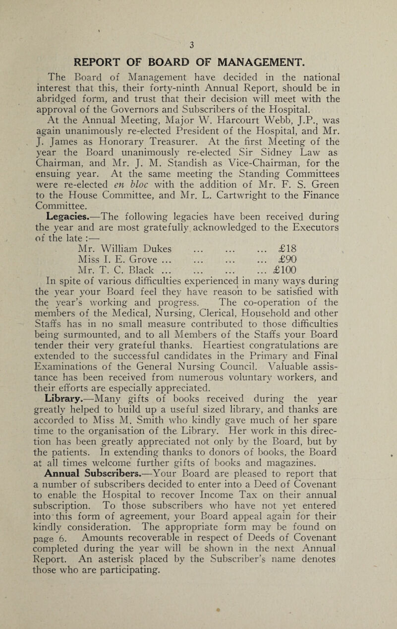 REPORT OF BOARD OF MANAGEMENT. The Board of Management have decided in the national interest that this, their forty-ninth Annual Report, should be in abridged form, and trust that their decision will meet with the approval of the Governors and Subscribers of the Hospital. At the Annual Meeting, Major W. Harcourt Webb, J.P., was again unanimously re-elected President of the Hospital, and Mr. J. James as Honorary Treasurer. At the first Meeting of the year the Board unanimously re-elected Sir Sidney Law as Chairman, and Mr. J. M. Standish as Vice-Chairman, for the ensuing year. At the same meeting the Standing Committees were re-elected en bloc with the addition of Mr. F. S. Green to the House Committee, and Mr. L. Cartwright to the Finance Committee. Legacies.—The following legacies have been received during the year and are most gratefully acknowledged to the Executors of the late *_ Mr. William Dukes ... ... ... £18 Miss I. E. Grove ... ... ... ... £90 Mr. T. C. Black ... ... ... ... £100 In spite of various difficulties experienced in many ways during the year your Board feel they have reason to be satisfied with the year’s working and progress. The co-operation of the members of the Medical, Nursing, Clerical, Household and other Staffs has in no small measure contributed to those difficulties being surmounted, and to all Members of the Staffs your Board tender their very grateful thanks. Heartiest congratulations are extended to the successful candidates in the Primary and Final Examinations of the General Nursing Council. Valuable assis¬ tance has been received from numerous voluntary workers, and their efforts are especially appreciated. Library.—Many gifts of books received during the year greatly helped to build up a useful sized library, and thanks are accorded to Miss M. Smith who kindly gave much of her spare time to the organisation of the Library. Her work in this direc¬ tion has been greatly appreciated not only by the Board, but by the patients. In extending thanks to donors of books, the Board at all times welcome further gifts of books and magazines. Annual Subscribers.—Your Board are pleased to report that a number of subscribers decided to enter into a Deed of Covenant to enable the Hospital to recover Income Tax on their annual subscription. To those subscribers who have not yet entered into this form of agreement, your Board appeal again for their kindly consideration. The appropriate form may be found on page 6. Amounts recoverable in respect of Deeds of Covenant completed during the year will be shown in the next Annual Report. An asterisk placed by the .Subscriber’s name denotes those who are participating.
