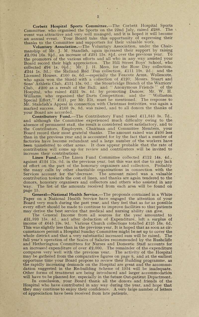Corbett Hospital Sports Committee.—The Corbett Hospital Sports Committee, who organised the Sports on the 22nd July, raised £288. The \ event was attractive and very well managed, and it is hoped it will become an annual event. Your Board take this opportunity of expressing their thanks to the Committee and supporters for their valuable work. Voluntary Association.—The Voluntary Association, under the Chair¬ manship of Mr. J. M. Standish, again increased their support by raising £2,094 16s. 9£d., an increase of £291 15s' 8±d. over the previous year. To the promoters of the various efforts and all who in any way assisted your Board record their high appreciation. The Hill Street Boys’ School, who collected £94 Is. 0£d.; Mr. J. H. Mees, for the Rose Day collection, £244 Is. 3d.; the Midland Red ’Bus collection, £111 19s. 2d.; and the Licensed Houses, £160 4s. 6d.—especially the Foxcote Arms, Wollescote, whp again won the Shield with a collection of £120; Messrs. Stuart and Sons’ Athletic Club, £151 15s. 0d.; the Stourbridge Branch of the Warriors’ Club, £200 as a result of the Ball; and “ Anonymous Friends ” of the Hospital, who raised £231 9s. 4d. by promoting Dances; Mr. W. H. Williams, who organised the Darts Competition; and the “ Wollaston Special Effort,” £121, per Mr. Elt, must be mentioned. The response to Mr. Standish’s Appeal in connection with Christmas festivities, was again a marked success. £168 9s. 8d. was raised, and to all donors the thanks of your Board are accorded. Contributory Fund.—The Contributory Fund raised £11,843 3s. 7d., and although the Committee experienced much difficulty owing to the absence of permanent staff, the result is considered most satisfactory, and to the Contributors, Employers, Chairman and Committee Members, your Board record their most grateful thanks. The amount raised was £400 less than in the previous year and is accounted for by the fact that a number of factories have become redundant and a large number of the workers have been transferred to other areas. It does appear probable that the rate of contribution will come up dor review and contributors will be invited to increase their contributions. Linen Fund.—The Linen Fund Committee collected £112 14s. 4d., against £124 11s. Od. in the previous year, but this was not due to any lack of effort on the part of the honorary organisers and collectors. Probably the many calls by other charitable organisations in connection with the Services account for the decrease. The amount raised was a valuable contribution towards the cost of linen, and thanks are again tendered to the donors, honorary organisers and collectors and others who assisted in any way. The list of the amounts received from each area will be' found on page 15. General—National Health Service.—The proposals contained in a White Paper on a National Health Service have engaged the attention of your Board very much during the past year, and they feel that as far as possible every effort should be made to continue to improve facilities so that patients may derive the best service that medical and nursing ability can give. The General Income from all sources for the year amounted to £31,593 15s. 4d., and after deduction of Expenditure, left a surplus of income of £645 19s. 9d. Various Church collections totalled £125 16s. 6d. This was slightly less than in the previous year. It is hoped that as soon as cir¬ cumstances permit a Hospital Sunday Committee might be set up to cover the whole district and that a very substantial increased sum will be raised. The full year’s operation of the Scales of Salaries recommended by the Rushcliffe and Hetherington Committees for Nurses and Domestic Staff accounts for an increased expenditure of over £2,000. The remainder of the expenditure compares very well with the previous year. The activity of the Hospital may be gathered from the comparative figures on page 8, and at the earliest opportune time your Board propose to review their Building programme, as the rapidly increasing demands on the Hospital are great and the accommo¬ dation suggested in the Re-building Scheme of 1934 will be inadequate. Other forms of treatment are being introduced and larger accommodation will have to be planned for, especially in the future Out-patient Department. In conclusion, your Board thank all the donors and friends of the Hospital who have contributed in any way during the year, and hope that they may continue to enjoy their confidence. A very large number of letters of appreciation have been received from late patients.