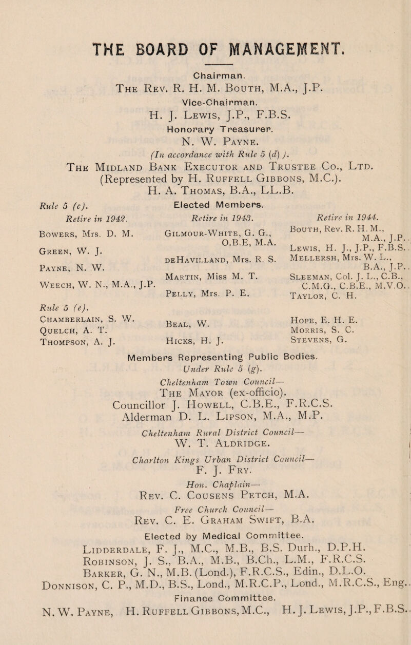 THE BOARD OF MANAGEMENT. Chairman. The Rev. R. H. M. Bouth, M.A., J.P. Vice-Chairman. H. J. Lewis, J.P., F.B.S. Honorary Treasurer. N. W. Payne. (In accordance with Rule 5 (d) ). The Midland Bank Executor and Trustee Co., Ltd. (Represented by H. Ruffell Gibbons, M.C.). H. A. Thomas, B.A., LL.B. Rule 5 (c). Retire in 1942. Bowers, Mrs. D. M. Green, W. J. Payne, N. W. Weech, W. N., M.A., J.P. Rule 5 (e). Chamberlain, S. W. Quelch, A. T. Thompson, A. J. Elected Members. Retire in 1943. Gilmour-White, G. G., Q.B.E, M.A. deHavilland, Mrs. R. S. Martin, Miss M. T. Pelly, Mrs. P. E. Beal, W. Hicks, H. J. Retire in 1944. Bouth, Rev. R. H. M., M.A., J.P. Lewis, H. J., J.P., F.B.S. Mellersh, Mrs. W. L., B.A., J.P. Sleeman, Col. J. L., C.B., C.M.G., C.B.E., M.V.O. Taylor, C. H. Hope, E. H. E. Morris, S. C. Stevens, G. Members Representing Public Bodies. Under Rule 5 (g). Cheltenham Town Council— The Mayor (ex-officio). Councillor J. Howell, C.B.E., F.R.C.S. Alderman D. L. Lipson, M.A., M.P. Cheltenham Rural District Council— W. T. Aldridge. Charlton Kings Urban District Council— F. J. Fry. Hon. Chaplain— Rev. C. Cousens Petch, M.A. Free Church Council — Rev. C. E. Graham Swift, B.A. Elected by Medical Committee. Lidderdale, F. J., M.C., M.B., B.S. Durh., D.P.H. Robinson, J. S., B.A., M.B., B.Ch., L.M., IlR.C.S. Barker, G. N., M.B. (Lond.), F.R.C.S., Edin., D.L.O. Donnison, C. P., M.D., B.S., Lond., M.R.C.P., Lond., M.R.C.S., Eng. Finance Committee. N.W. Payne, H. Ruffell Gibbons, M.C., H. ]. Lewis, J.P., F.B.S.