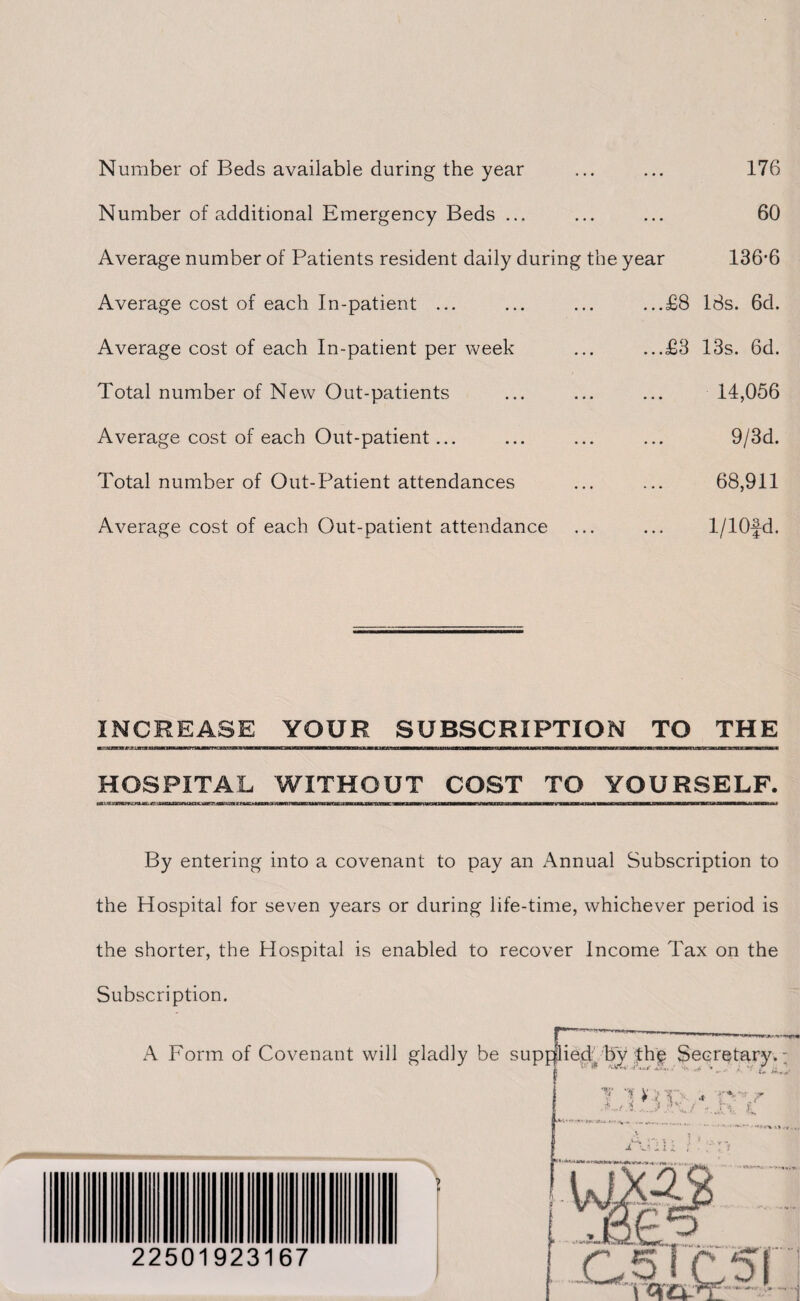 Number of Beds available during the year ... ... 176 Number of additional Emergency Beds ... ... ... 60 Average number of Patients resident daily during the year 136'6 Average cost of each In-patient ... ... ... . ..£8 16s. 6d. Average cost of each In-patient per week ... ...£3 13s. 6d. Total number of New Out-patients ... ... ... 14,056 Average cost of each Out-patient... ... ... ... 9/3d. Total number of Out-Patient attendances ... ... 68,911 Average cost of each Out-patient attendance ... ... l/10fd. INCREASE YOUR SUBSCRIPTION TO THE HOSPITAL WITHOUT COST TO YOURSELF. By entering into a covenant to pay an Annual Subscription to the Hospital for seven years or during life-time, whichever period is the shorter, the Hospital is enabled to recover Income Tax on the Subscription. 22501923167