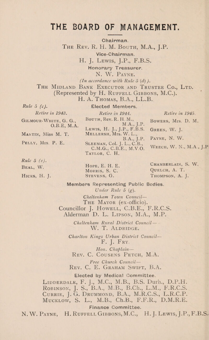 THE BOARD OF MANAGEMENT Chairman. The Rev. R. H. M. Bouth, M.A., J.P. Vice-Chairman. H. J. Lewis, J.P., F.B.S. Honorary Treasurer. N. W. Payne. (In accordance with Rule 5 (d)). The Midland P>ank Executor and Trustee Co., Ltd. (Represented by H. Ruffell Gibbons, M.C.). H. A. Thomas, B.A., LL.B. Rule 5 (c). Retire in 1943. Gilmour-White, G. G., O.B.E, M.A. Martin, Miss M. T. Pelly, Mrs. P. E. Rule 5 (e). Beal, W. Hicks, H. J. Elected Members. Retire in 1944. Bouth, Rev. R. H. M., M.A., J.P. Lewis, H. J., J.P., F.B.S. Mellersh, Mrs. W. L., B.A., J.P. Sleeman, Col. J. L., C.B., C.M.G., C.B.E., M.V.O. Taylor, C. H. Hope, E. H. E. Morris, S. C. Stevens, G. Retire in 1945. Bowers, Mrs. D. M. Green, W. J. Payne, N. W. Weech, W. N., M.A., J.P Chamberlain, S. W. Quelch, A. T. Thompson, A. J. Members Representing Public Bodies. Under Rule 5 (g). Cheltenham Town Council— The Mayor (ex-officio). Councillor J. Howell, C.B.E., F.R.C.S. Alderman D. L. Lipson, M.A., M.P. Cheltenham Rural District Council — W. T. Aldridge. Charlton Kings Urban District Council— F. J. Fry. Hon. Chaplain— Rev. C. Cousens Petch, M.A. Free Church Council — Rev. C. E. Graham Swift, B.A. Elected by Medical Committee. Lidderdale, F. J., M.C., M.B., B.S. Durh., D.P.H. Robinson, J. S., B.A., M.B., B.Ch., L.M., F.R.C.S. Currie, J. G. Drummond, B.A., M.R.C.S., L.R.C.P. Mucklow, S. L., M.B., Ch.B., F.F.R., D.M.R.E. Finance Committee. N.W. Payne, H. Ruffell Gibbons, M.C., H. J, Lewis, J.P., F.B.S.