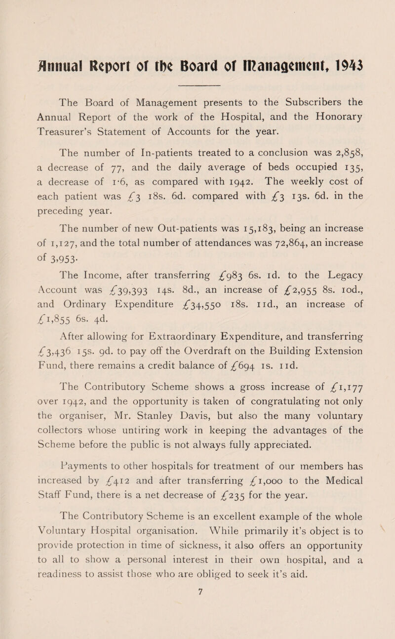 Annual Report of tbe Board of Iftanageinenf, 1943 The Board of Management presents to the Subscribers the Annual Report of the work of the Hospital, and the Honorary Treasurer’s Statement of Accounts for the year. The number of In-patients treated to a conclusion was 2,858, a decrease of 77, and the daily average of beds occupied 135, a decrease of i-6, as compared with 1942. The weekly cost of each patient was £3 18s. 6d. compared with £t> 13s. 6d. in the preceding year. The number of new Out-patients was 15,183, being an increase of 1,127, and the total number of attendances was 72,864, an increase of 3.953- The Income, after transferring ^983 6s. id. to the Legacy Account was ^*39,393 14s. 8d., an increase of ^2,955 8s. iod., and Ordinary Expenditure ^34,550 18s. ud., an increase of in,855 6s- 4d- After allowing for Extraordinary Expenditure, and transferring ^3,436 15s. gd. to pay off the Overdraft on the Building Extension Fund, there remains a credit balance of ^694 is. ud. The Contributory Scheme shows a gross increase of ^1,177 over 1942, and the opportunity is taken of congratulating not only the organiser, Mr. Stanley Davis, but also the many voluntary collectors whose untiring work in keeping the advantages of the Scheme before the public is not always fully appreciated. Payments to other hospitals for treatment of our members has increased by ^412 and after transferring /i,ooo to the Medical Staff Fund, there is a net decrease of ^235 for the year. The Contributory Scheme is an excellent example of the whole Voluntary Hospital organisation. While primarily it’s object is to provide protection in time of sickness, it also offers an opportunity to all to show a personal interest in their own hospital, and a readiness to assist those who are obliged to seek it’s aid.