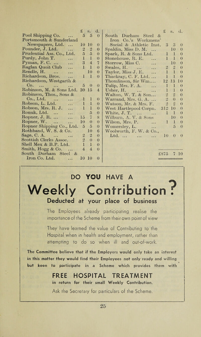 Pool Shipping Co. Portsmouth & Sunderland 5 5 0 Newspapers, Ltd. ... 10 10 0 Pounder, J. Ltd. 2 2 0 Prudential Ass. Co., Ltd. 5 5 0 Purdy, John T. 1 1 0 Pyman, F. C. ... 3 4 7 Raglan Quoit Club 1 1 0 Rendle, H. 10 0 Richardson, Bros. Richardson, Westgarth & 1 1 0 fn wv • ••• ••• ••• 5 0 0 Robinson, M. & Sons Ltd. Robinson, Thos., Sons & 30 15 4 Co., Ltd. 1 1 0 Robson, L. Ltd. 1 1 0 Robson, Mrs. R. J. 1 1 0 Ronuk, Ltd. 5 0 Ropner, J. R. ... 15 7 8 Ropner, W. 10 0 0 Ropner Shipping Co., Ltd. 5 5 0 Rothband, W. S. & Co. 10 6 Sage, C. A. 2 2 0 Scottish Clerks Assoc. 2 0 0 Shell Mex & B.P. Ltd. 1 1 0 Smith, Hogg & Co. South Durham Steel & 4 4 0 Iron Co. Ltd. 10 10 0 South Durham Steel & Iron Co.’s Workmens’ Social & Athletic Inst. 3 Spaldin, Miss D. M. ... Spark, R. & Sons Ltd. 1 Stonehouse, R. E. ... 1 Storrow, Miss C. Swales, H. ... ... 2 Taylor, Miss J. E. ... 1 Thackray, C. F. Ltd. ... 1 Thomlinson, Sir Wm.... 12 Tulip, Mrs. F. A. ... 1 Usher, H. 1 Walton, W. T. & Son... 2 Warrand, Mrs. G. A. ... 2 Watson, Mr. & Mrs. F. 2 West Hartlepool Corpn. 312 White, J. T. 1 Wilburn, A. V. & Sons Wilson, Mrs. P. ... 1 Womersley, L. Woolworth, F. W. & Co., Ltd. 10 3 0 10 0 1 0 1 0 10 0 2 0 1 0 1 0 13 10 1 0 1 0 2 0 0 0 2 0 10 0 1 0 10 0 1 0 5 0 0 0 £875 7 10 DO YOU HAVE A Weekly Contribution Deducted at your place of business The Employees already participating realise the importance of the Scheme from theirown point of view They have learned the value of Contributing to the Hospital when in health and employment, rather than attempting to do so when ill and out-of-work. The Committee believe that if the Employers would only take an interest in this matter they would find their Employees not only ready and willing but keen to participate in a Scheme which provides them with FREE HOSPITAL TREATMENT in return for their small Weekly Contribution. Ask the Secretary for particulars of the Scheme.