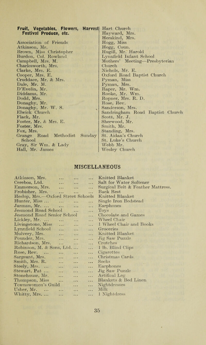 Fruit, Vegetables, Flowers, Harvest Festival Produce, etc. Association of Friends Atkinson, Mr. Brown, Miss Christopher Burdon, Col. Rowland Campbell, Mrs. M. Charles worth, Mrs. Clarke, Mrs. E. Cooper, Mrs. E. Cruddace, Mr. & Mrs. Dale, Mr. M. D’Evelin, Mr. Diddams, Mr. Dodd, Mrs. Donaghy, Mr. Donaghy, Mr. W. S. % Elwick Church Flack, Mr. Foster, Mr. & Mrs. E. Foster, Mrs. Fox, Mrs. Grange Road Methodist Sunday School Gray, Sir Wm. & Lady Hall, Mr. James Hart Church Hayward, Mrs. Herskind, Mrs. Hogg, Miss Hogg, Coun. Hugill, Mr. Harold Lynnfield Infant School Mothers’ Meeting—Presbyterian Church Nichols, Mr. E. Oxford Road Baptist Church Pyman, Miss Pyman, Mrs. Raper, Mr. Wm. Rooke, Mr. Wm. Ropner, Mrs. R. D. Rose, Rev. Sanderson, Mrs. Sandringham Road Baptist Church Scott, Mr. J. Sherwood, Mr. Smith, Mr. Standing, Mrs. St. Aidan’s Church St. Luke’s Church Webb Mr. Wesley Church MISCELLANEOUS Atkinson, Mrs. Cerebos, Ltd. Emmerson, Mrs. Frobisher, Mrs. Heslop, Mrs.-—Oxford Street Schoo Hunter, Miss ... Jarman, Mr. ... Jesmond Road School Jesmond Road Senior School Lickley, Mr. ... Livingstone, Miss Lynnfield School Mulvery, Mrs. . Pounder, Mrs. Richardson, Mrs. Robinson, M. & Sons, Ltd. ... Rose, Rev. Sargeant, Mrs. Smith, Mrs. R. Steely, Mrs. ... Stewart, Pat ... Stonehouse, Mr. Thompson, Miss Townswomen’s Guild Usher, Mr. Whitty, Mrs. ... Knitted Blanket Salt for Water Softener Surgical Belt & Feather Mattress. Back Rest S Knitted Blanket Single Iron Bedstead Earphones Toys Chocolate and Games Wheel Chair 1 Wheel Chair and Books Groceries Knitted Blanket- Jig Saw Puzzle Crutches 1 lb. Blind Clips Cigarettes Christmas Cards . Socks Earphones Jig Saw Puzzle Artifical Leg Blankets & Bed Linen Nightdresses . Milk 1 Nightdress