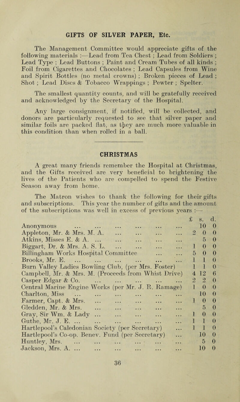 GIFTS OF SILVER PAPER, Etc. The Management Committee would appreciate gifts of the following materials Lead from Tea Chest; Lead from Soldiers ; Lead Type ; Lead Buttons ; Paint and Cream Tubes of all kinds ; Foil from Cigarettes and Chocolates ; Lead Capsules from Wine and Spirit Bottles (no metal crowns) ; Broken pieces of Lead ; Shot ; Lead Discs & Tobacco Wrappings ; Pewter ; Spelter. The smallest quantity counts, and will be gratefully received and acknowledged by the Secretary of the Hospital. Any large consignment, if notified, will be collected, and donors are particularly requested to see that silver paper and similar foils are packed flat, as they are much more valuable in this condition than when rolled in a ball. CHRISTMAS A great many friends remember the Hospital at Christmas, and the Gifts received are very beneficial to brightening the lives of the Patients who are compelled to spend the Festive Season away from home. The Matron wishes to thank the following for their gifts and subscriptions. This year the number of gifts and the amount of the subscriptions was well in excess of previous years : £ s. d. Anonymous ... ... ... ... ... ... 10 0 Appleton, Mr. & Mrs. M. A. ... ... ... ... 2 0 0 Atkins, Misses E. & A. ... ... ... ... ... 5 0 Biggart, Dr. & Mrs. A. S. L. ... ... ... ... 1 0 0 Billingham Works Hospital Committee ... ... 5 0 0 Brooks, Mr. E. ... ... ... ... ... ... 1 1 0 Burn Valley Ladies Bowling Club, (per Mrs. Foster) 1 1 0 Campbell, Mr. & Mrs. M. (Proceeds from Whist Drive) 4 12 6 Casper Edgar & Co. ... ... ... ... ... 2 2 0 Central Marine Engine Works (per Mr. J. R. Ramage) 1 0 0 Charlton, Miss ... ... ... ... ... ... 10 0 Farmer, Capt. & Mrs. ... ... ... ... ... 100 Gledclen, Mr. & Mrs. ... ... ... ... ... 5 0 Gray, Sir Wm. & Lady ... ... ... ... ... 1 0 0 Guthe, Mr. J. E. ... ... ... ... ... ... 1 1 0 Hartlepool’s Caledonian Society (per Secretary) ... 1 1 0 Hartlepool’s Co-op. Benev. Fund (per Secretary) ... 10 0 Huntley, Mrs. ... ... ... ... ... ... 5 0 Jackson, Mrs. A. ... ... ... ... ... ... 10 0