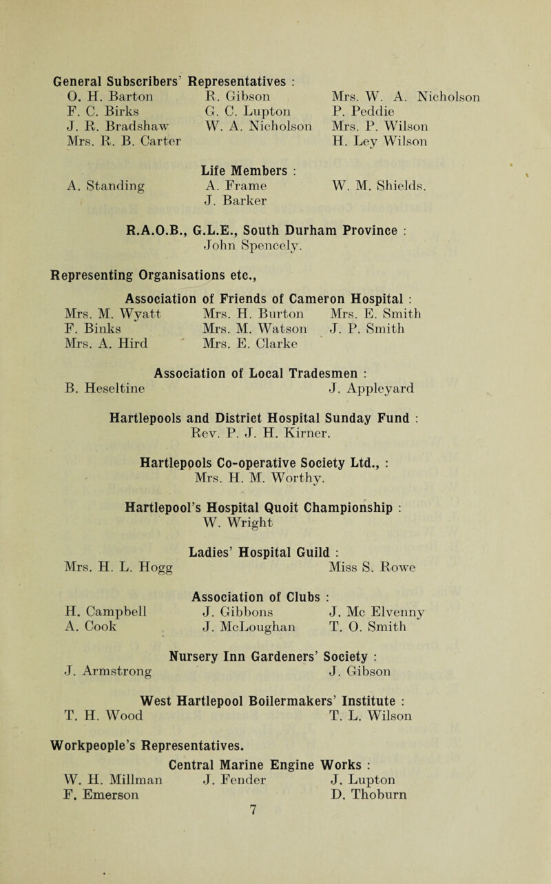 General Subscribers’ Representatives : 0. H. Barton F. C. Birks J. R. Bradshaw Mrs. R. B. Carter R. Gibson G. C. Lupton W. A. Nicholson Mrs. W. A. Nicholson P. Peddie Mrs. P. Wilson H. Ley Wilson Life Members : A. Standing A. Frame W. M. Shields. J. Barker R.A.O.B., G.L.E., South Durham Province : John Spencely. Representing Organisations etc., Association of Friends of Cameron Hospital : Mrs. M. Wyatt Mrs. H. Burton Mrs. E. Smith F. Binks Mrs. M. Watson J. P. Smith Mrs. A. Hird Mrs. E. Clarke Association of Local Tradesmen : B. Heseltine J. Appleyard Hartlepools and District Hospital Sunday Fund : Rev. P. J. H. Kirner. Hartlepools Co-operative Society Ltd., : Mrs. H. M. Worthy. A Hartlepool’s Hospital Quoit Championship : W. Wright Ladies’ Hospital Guild : Mrs. H. L. Hogg Miss S. Rowe Association of Clubs : H. Campbell J. Gibbons J. Me Elvenny A. Cook J. McLoughan T. 0. Smith Nursery Inn Gardeners’ Society : J. Armstrong J. Gibson West Hartlepool Boilermakers’ Institute : T. H. Wood T. L. Wilson Workpeople’s Representatives. Central Marine Engine Works : W. H. Millman J. Fender J. Lupton F. Emerson D. Thoburn