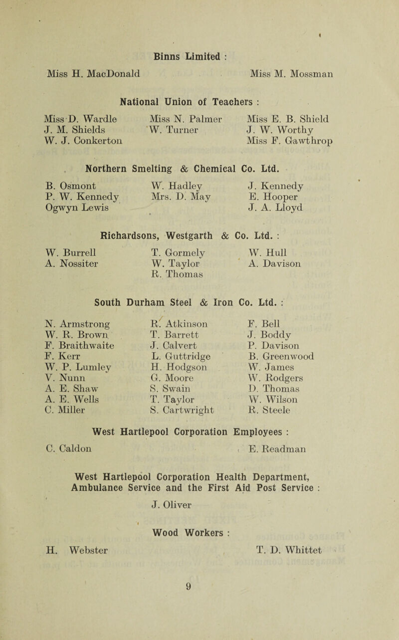 Binns Limited : » Miss H. MacDonald Miss M. Mossman National Union of Teachers : Miss D. Wardle J. M. Shields W. J. Conkerton Miss N. Palmer W. Turner Miss E. B. Shield J. W. Worthy Miss F. Gawthrop Northern Smelting & Chemical Co. Ltd. B. Osmont W. Hadley P. W. Kennedy Mrs. D. May Ogwyn Lewis J. Kennedy E. Hooper J. A. Lloyd Richardsons, Westgarth & Co. Ltd. : W. Burrell T. Gormely A. Nossiter W. Taylor R. Thomas W. Hull A. Davison South Durham Steel & Iron N. Armstrong W. R. Brown F. Braithwaite F. Kerr W. P. Lumley V. Nunn A. E. Shaw A. E. Wells C. Miller R^ Atkinson T. Barrett J. Calvert L. Guttridge H. Hodgson G. Moore S. Swain T. Taylor S. Cartwright Co. Ltd. : F. Bell J. Boddy P. Davison B. Greenwood W. James W. Rodgers D. Thomas W. Wilson R. Steele West Hartlepool Corporation Employees : C. Caldon <' E. Readman West Hartlepool Corporation Health Department, Ambulance Service and the First Aid Post Service : «■ J. Oliver 'I Wood Workers : H. Webster T. D. Whittet