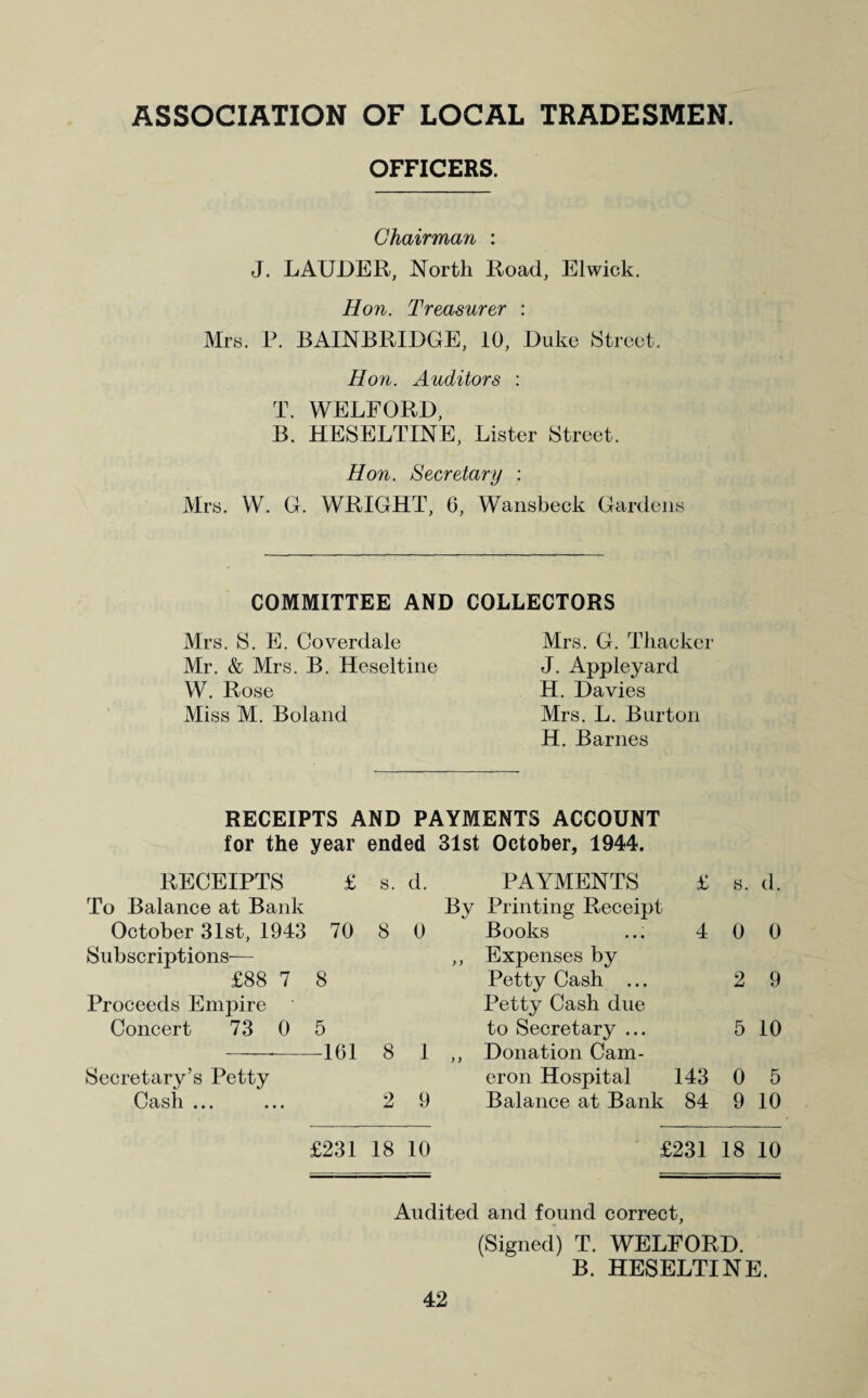 OFFICERS. Chairman : J. LAUDER, North Road, Elwick. Hon. Treasurer : Mrs. P. BAINBRIDGE, 10, Duke Street. Hon. Auditors : T. WELFORD, B. HESELTINE, Lister Street, Hon. Secretary : Mrs. W. G. WRIGHT, 6, Wansbeck Gardens COMMITTEE AND COLLECTORS Mrs. S. E. Coverdale Mr. & Mrs. B. Heseltine W. Rose Miss M. Boland Mrs. G. Thacker J. Appleyard H. Davies Mrs. L. Burton H. Barnes RECEIPTS AND PAYMENTS ACCOUNT for the year ended 31st October, 1944. RECEIPTS £ s. d. To Balance at Bank October 31st, 1943 70 8 0 Subscriptions— £88 7 8 Proceeds Empire Concert 73 0 5 ---161 8 1 Secretary’s Petty Cash ... ... 2 9 PAYMENTS £ s. d. By Printing Receipt Books ... 4 0 0 ,, Expenses by Petty Cash ... 2 9 Petty Cash due to Secretary ... 5 10 ,, Donation Cam¬ eron Hospital 143 0 5 Balance at Bank 84 9 10 £231 18 10 £231 18 10 Audited and found correct, (Signed) T. WELFORD. B. HESELTINE.
