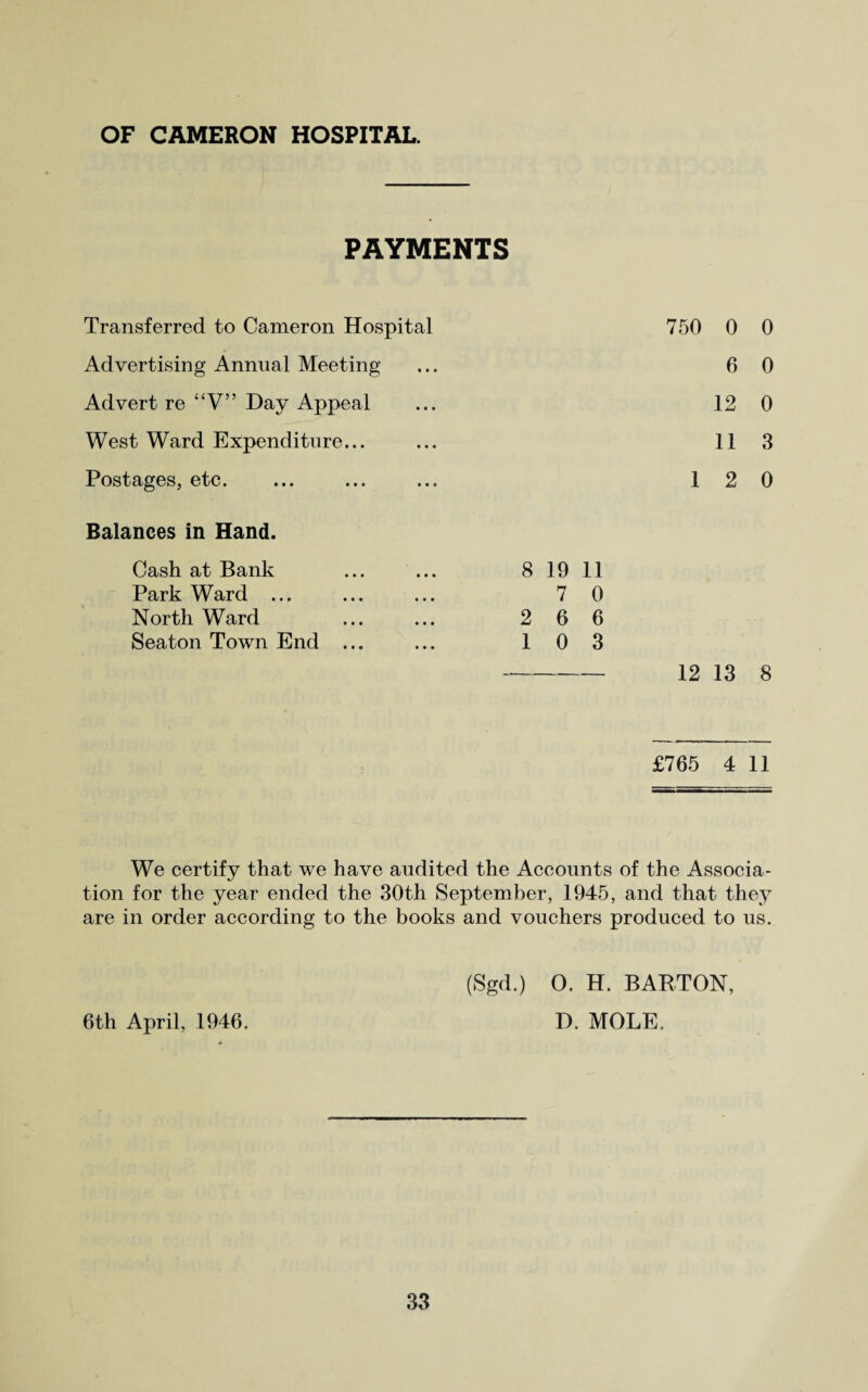 OF CAMERON HOSPITAL. PAYMENTS Transferred to Cameron Hospital Advertising Annual Meeting- Advert re “V” Day Appeal West Ward Expenditure... Postages, etc. Balances in Hand. Cash at Bank Park Ward ... North Ward Seaton Town End ... 8 19 11 7 0 2 6 6 1 0 3 750 0 0 6 0 12 0 11 3 1 2 0 12 13 8 £765 4 11 We certify that we have audited the Accounts of the Associa¬ tion for the year ended the 30th September, 1945, and that they are in order according to the books and vouchers produced to us. (Sgd.) O. H. BARTON, 6th April, 1946. D. MOLE.