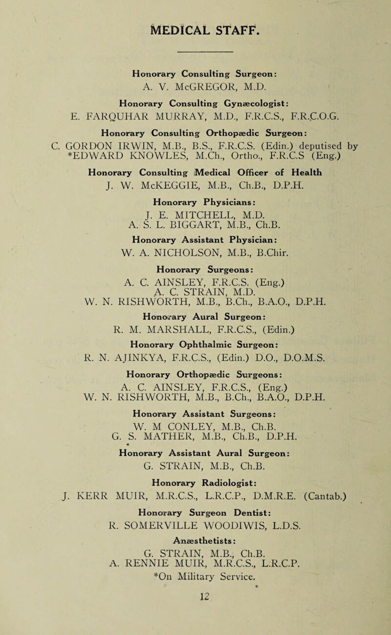 MEDICAL STAFF Honorary Consulting Surgeon: A. V. McGREGOR, M.D. Honorary Consulting Gynaecologist: E. FARQUHAR MURRAY, M.D., F.R.C.S., F.R..C.O.G. Honorary Consulting Orthopaedic Surgeon: C. GORDON IRWIN, M.B., B.S., F.R.C.S. (Edin.) deputised by ♦EDWARD KNOWLES, M.Ch., Ortho., F.R.C.S (Eng.) Honorary Consulting iMedical Officer of Health J. W. McKEGGlE, M.B., Ch.B., D.P.H. Honorary Physicians: J. E. MITCHELL, M.D. A. S. L. BIGGART, M.B., Ch.B. Honorary Assistant Physician: W. A. NICHOLSON, M.B., B.Chir. Honorary Surgeons: A. C. AINSLEY, F.R.C.S. (Eng.) A. C. STRAIN, M.D. W. N. RISHWORTH, M.B., B.Ch, B.A.O., D.P.H. Honorary Aural Surgeon: R. M. MARSHALL, F.R.C.S., (Edin.) Honorary Ophthalmic Surgeon: R. N. AJINKYA, F.R.C.S, (Edin.) D.O, D.O.M.S. Honorary Orthopaedic Surgeons: A. C. AINSLEY, F.R.C.S, (Eng.) W. N. RISHWORTH, M.B, B.Ch, B.A.O, D.P.H. Honorary Assistant Surgeons: W. M CONLEY, M.B, Ch.B. G. S. MATHER, M.B, Ch.B, D.P.H. Honorary Assistant Aural Surgeon: G. STRAIN, M.B, Ch.B. Honorary Radiologist: J. KERR MUIR, M.R.C.S, L.R.C.P, D.M.R.E. (Cantab.) Honorary Surgeon Dentist: R. SOMERVILLE WOODIWIS, L.D.S. Anaesthetists: G. STRAIN, M.B, Ch.B. A. RENNIE MUIR, M.R.C.S, L.R.C.P. *0n Military Service.