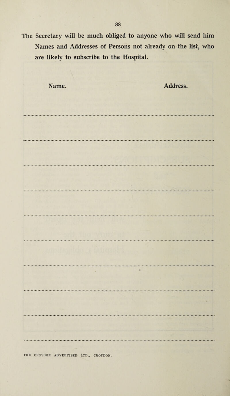 The Secretary will be much obliged to anyone who will send him Names and Addresses of Persons not already on the list, who are likely to subscribe to the Hospital. Name. Address. CUE CROYDON ADVERTISER LTD., CROYDON.