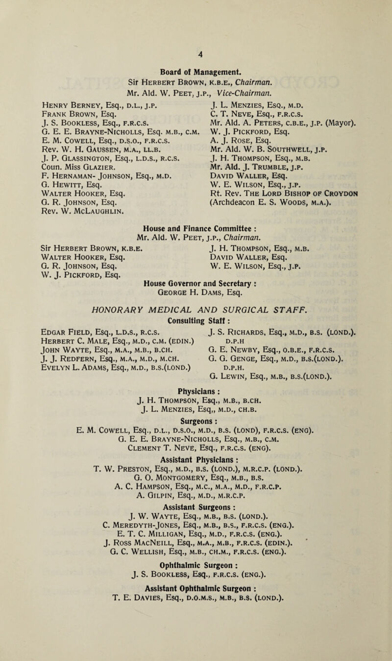 Board of Management. Sir Herbert Brown, k.b.e., Chairman. Mr. Aid. W. Peet, j.p., Vice-Chairman. Henry Berney, Esq., d.l., j.p. Frank Brown, Esq. J. S. Bookless, Esq., f.r.c.s. G. E. E. Brayne-Nicholls, Esq. m.b. E. M. Cowell, Esq., d.s.o., f.r.c.s. Rev. W. H. Gaussen, m.a., ll.b. J. P. Glassington, Esq., l.d.s., r.c.s. Coun. Miss Glazier. F. Hernaman- Johnson, Esq., m.d. G. Hewitt, Esq. Walter Hooker, Esq. G. R. Johnson, Esq. Rev. W. McLaughlin. J. L. Menzies, Esq., m.d. C. T. Neve, Esq., f.r.c.s. Mr. Aid. A. Peters, c.b.e., j.p. (Mayor). W. J. Pickford, Esq. A. J. Rose, Esq. Mr. Aid. W. B. Southwell, j.p. J. H. Thompson, Esq., m.b. Mr. Aid. J. Trumble, j.p. David Waller, Esq. W. E. Wilson, Esq., j.p. Rt. Rev. The Lord Bishop of Croydon (Archdeacon E. S. Woods, m.a.). C.M. House and Finance Committee : Mr. Aid. W. Peet, j.p., Chairman. Sir Herbert Brown, k.b.e. J. H. Thompson, Esq., m.b. Walter Hooker, Esq. David Waller, Esq. G. R. Johnson, Esq. W. E. Wilson, Esq., j.p. W. J. Pickford, Esq. House Governor and Secretary : George H. Dams, Esq. HONORARY MEDICAL AND SURGICAL STAFF. Consulting Staff: Edgar Field, Esq., l.d.s., r.c.s. Herbert C. Male, Esq., m.d., c.m. (edin.) John Wayte, Esq., m.a., m.b., b.ch. J. J. Redfern, Esq., m.a., m.d., m.ch. Evelyn L. Adams, Esq., m.d., b.s.(lond.) J. S. Richards, Esq., m.d., b.s. (lond.). D.P.H G. E. Newby, Esq., o.b.e., f.r.c.s. G. G. Genge, Esq., m.d., b.s.(lond.). d.p.h. G. Lewin, Esq., m.b., b.s.(lond.). Physicians : J. H. Thompson, Esq., m.b., b.ch. J. L. Menzies, Esq,, m.d., ch.b. Surgeons : E. M. Cowell, Esq., d.l., d.s.o., m.d., b.s. (lond), f.r.c.s. (eng). G. E. E. Brayne-Nicholls, Esq., m.b., c.m. Clement T. Neve, Esq., f.r.c.s. (eng). Assistant Physicians : T. W. Preston, Esq., m.d., b.s. (lond.), m.r.c.p. (lond.). G. O. Montgomery, Esq., m.b., b.s. A. C. Hampson, Esq., m.c., m.a., m.d., f.r.c.p. A. Gilpin, Esq., m.d., m.r.c.p. Assistant Surgeons : J. W. Wayte, Esq., m.b., b.s. (lond.). C. Meredyth-Jones, Esq., m.b., b.s., f.r.c.s. (eng.). E. T. C. Milligan, Esq., m.d., f.r.c.s. (eng.). J. Ross MacNeill, Esq., m.a., m.b., f.r.c.s. (edin.). G. C. Wellish, Esq., m.b., ch.m., f.r.c.s. (eng.). Ophthalmic Surgeon : J. S. Bookless, Esq., f.r.c.s. (eng.). Assistant Ophthalmic Surgeon : T. E. Davies, Esq., d.o.m.s., m.b., b.s. (lond.).